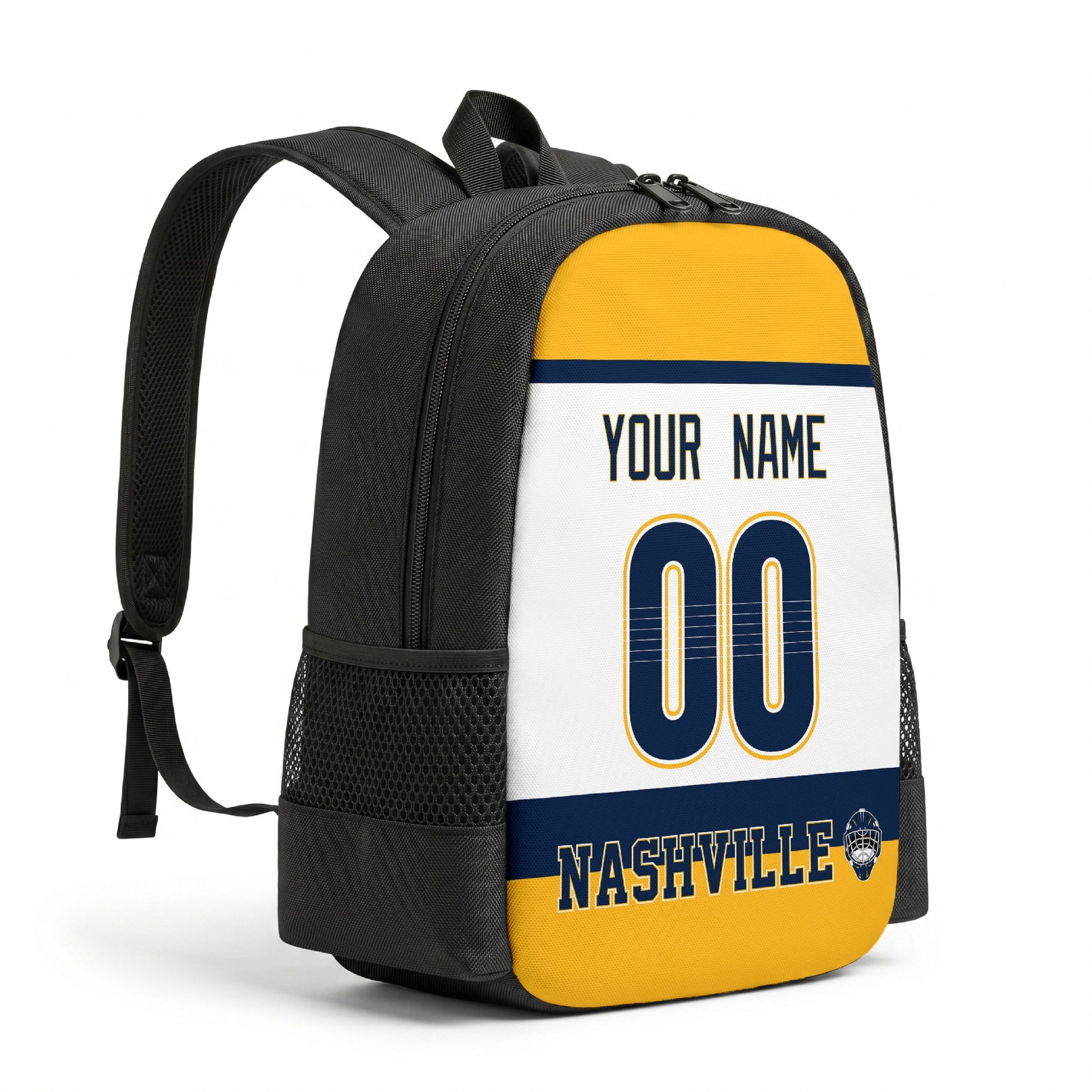 Nashville personalized hockey backpack alternate angled view with side pocket