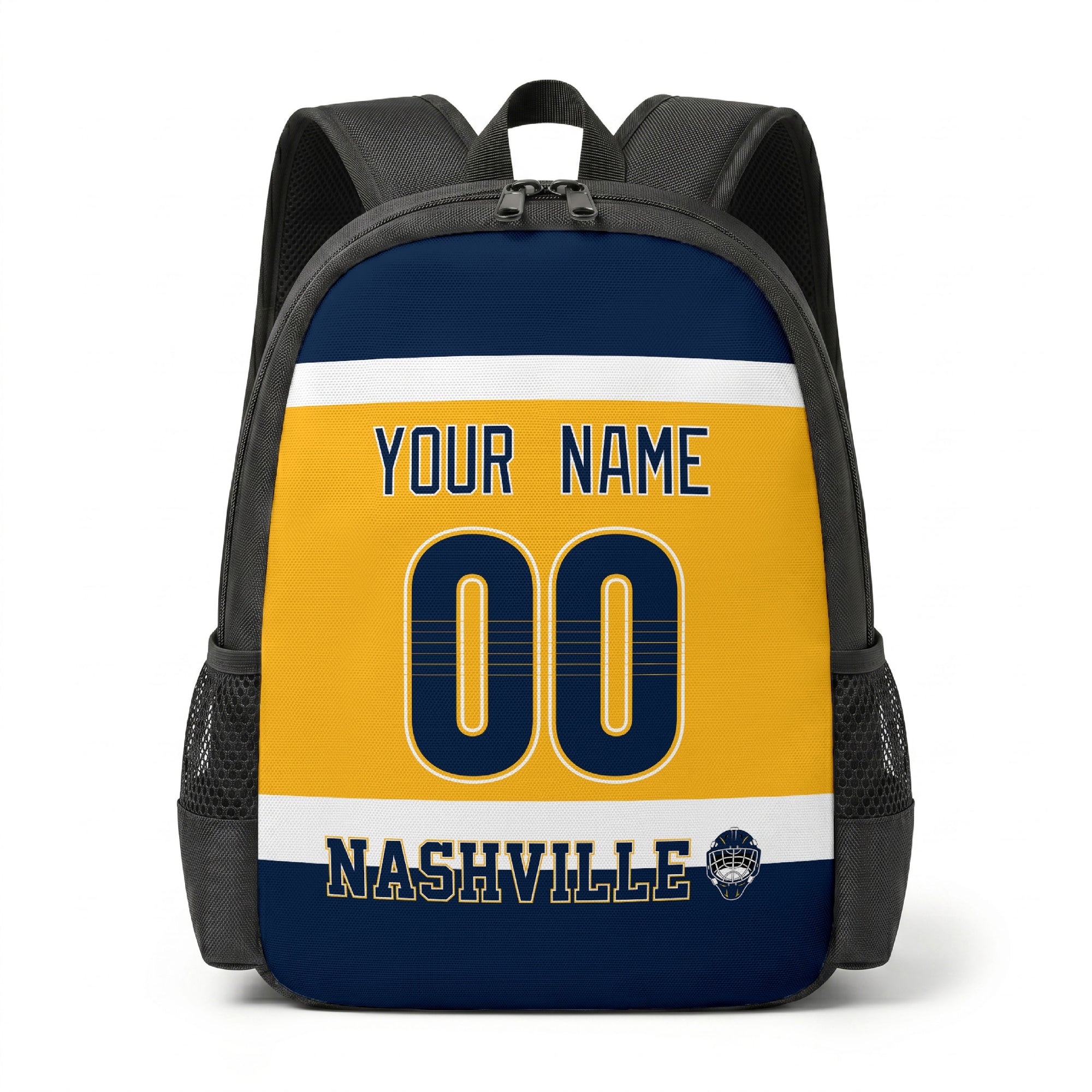 Nashville hockey backpack front view with custom name and number