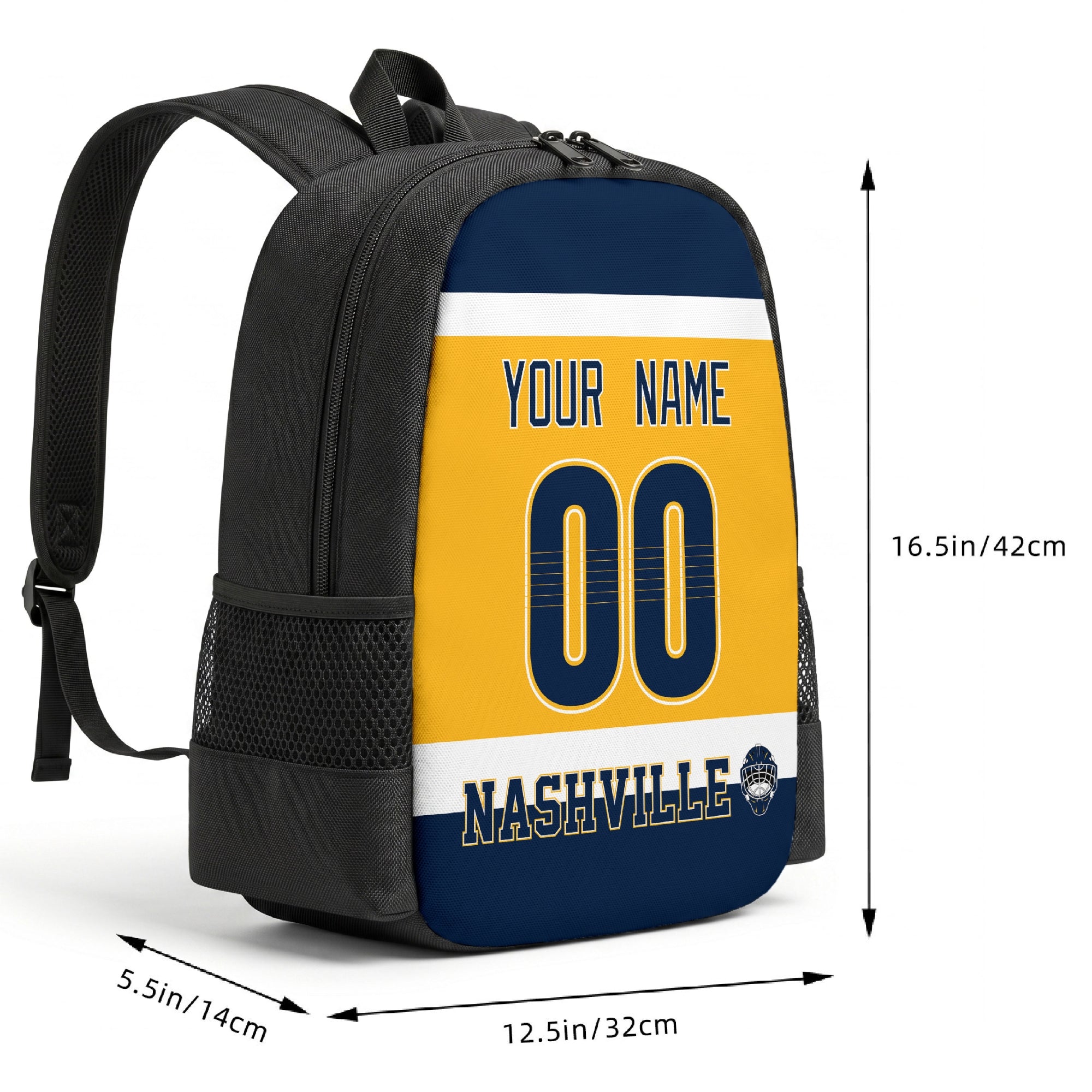 Nashville custom hockey backpack size chart 16.5 by 12.5 by 5.5 inches