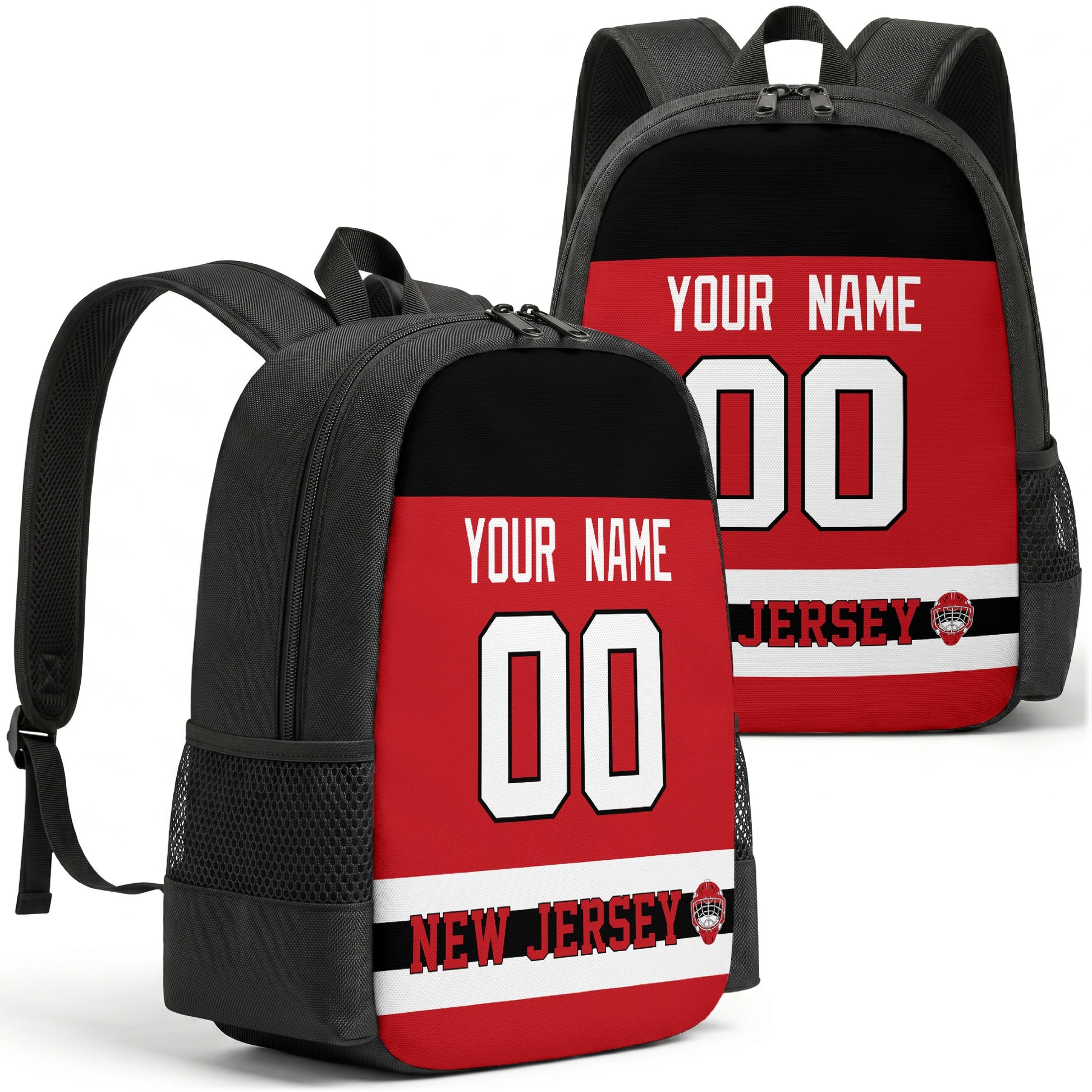 New Jersey custom hockey backpack front and back product view