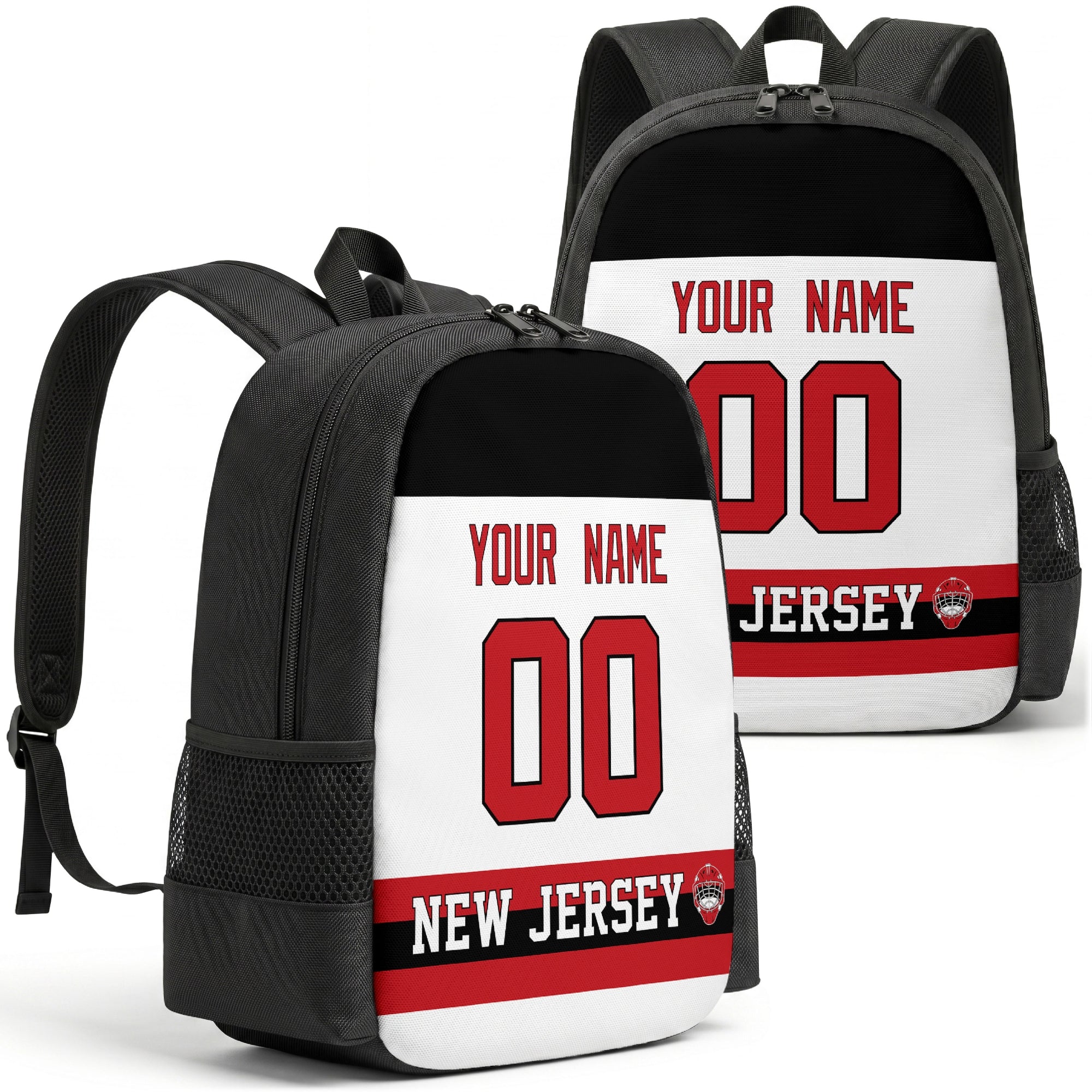 New Jersey personalized hockey backpack alternate front and back product view