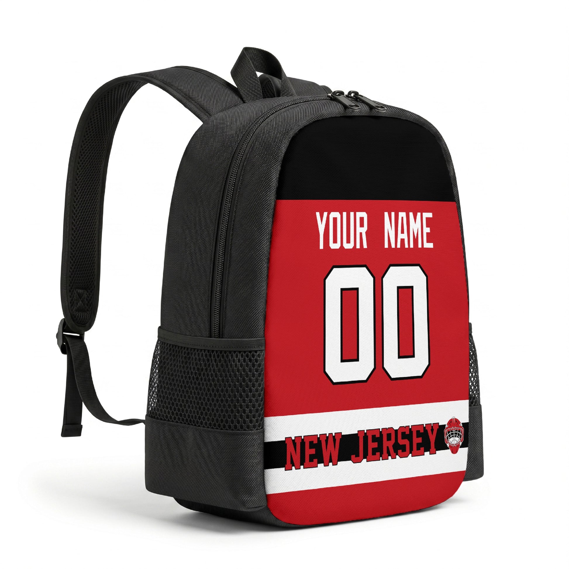 New Jersey hockey backpack angled view with side pocket