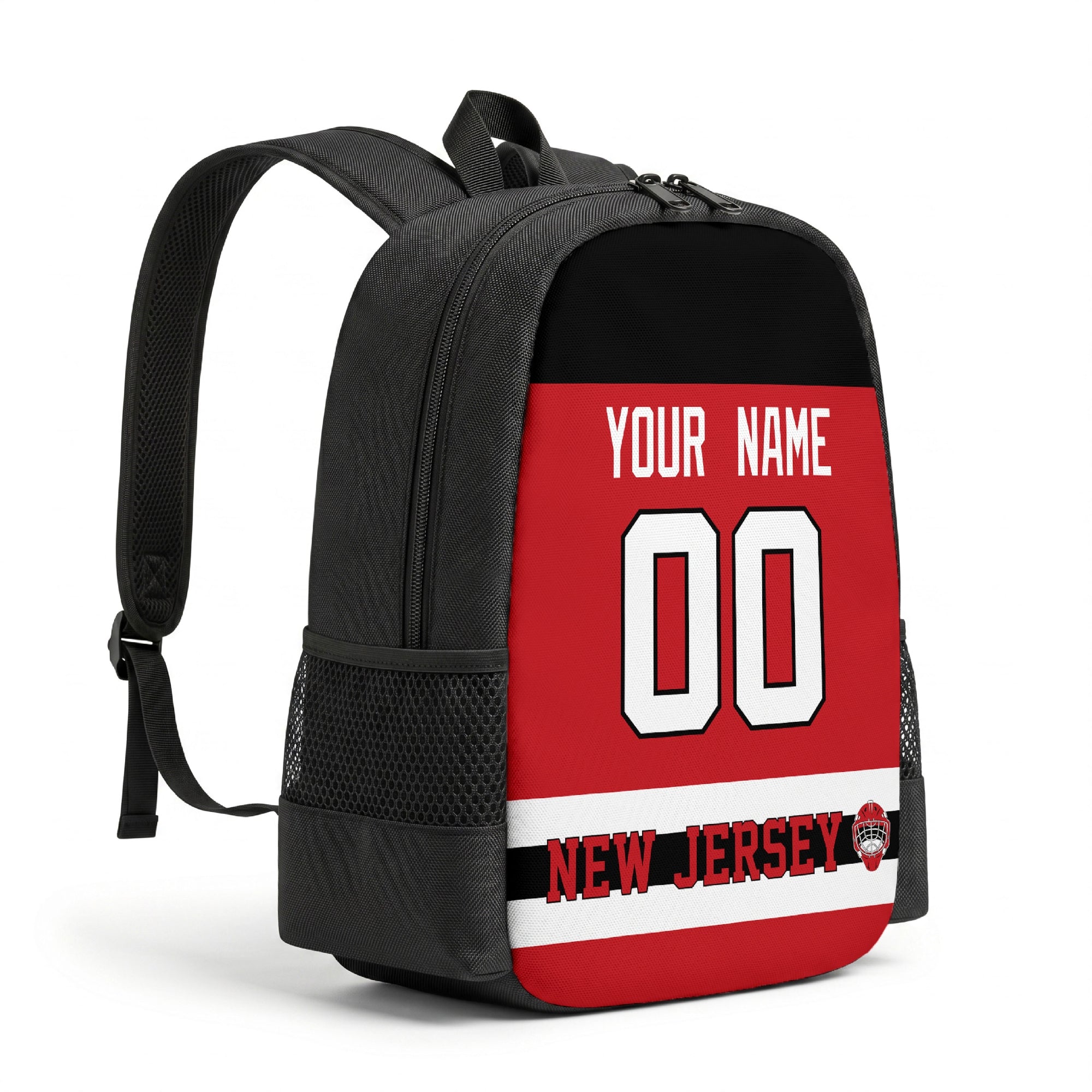 New Jersey hockey backpack angled view with side pocket