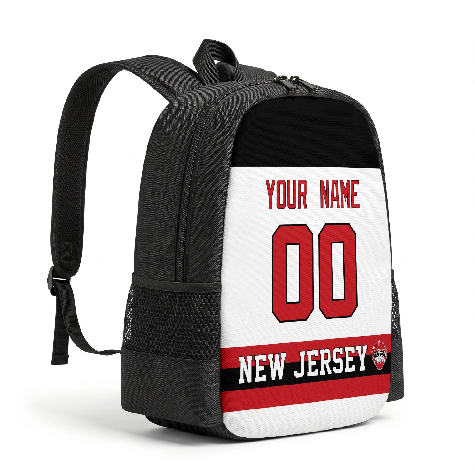 New Jersey personalized hockey backpack alternate angled view with side pocket