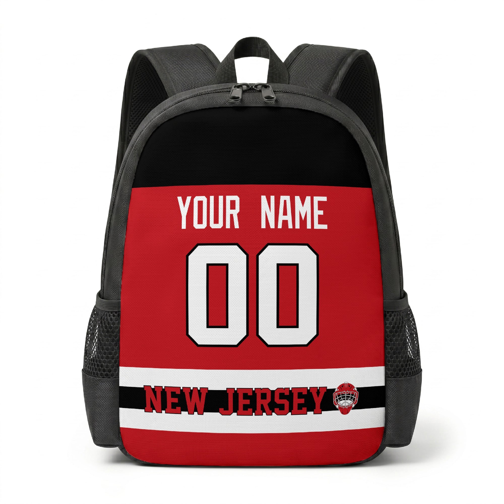 New Jersey hockey backpack front view with custom name and number
