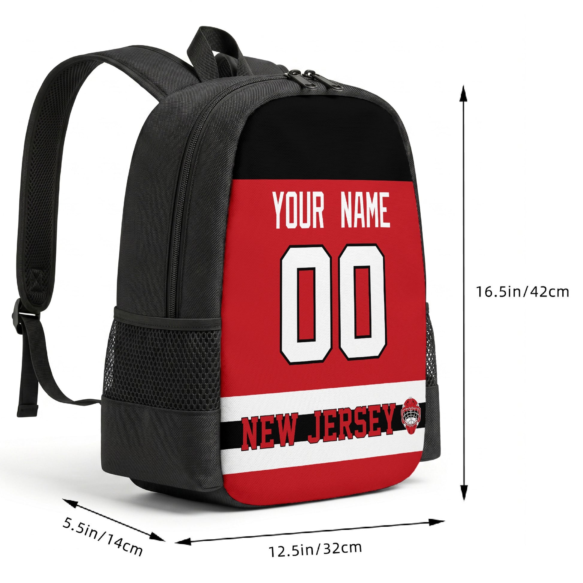 New Jersey custom hockey backpack size chart 16.5 by 12.5 by 5.5 inches