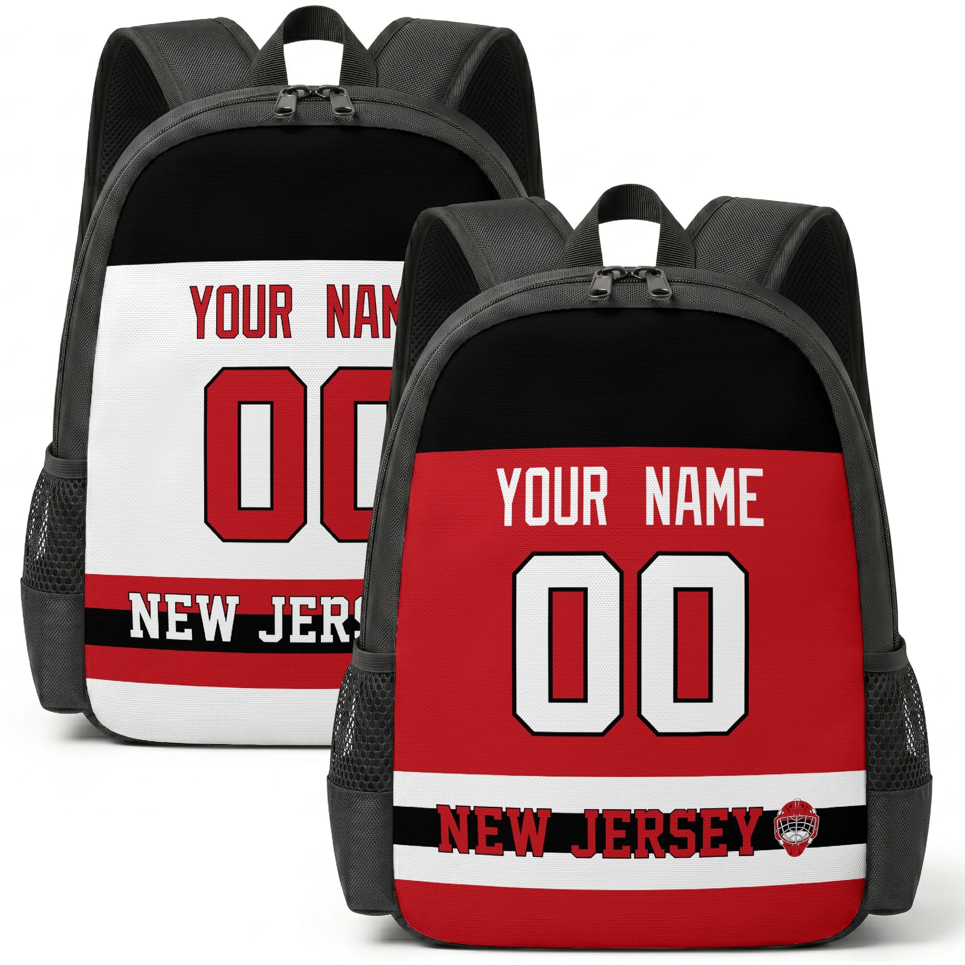 Custom hockey backpack for New Jersey fans with name and number preview