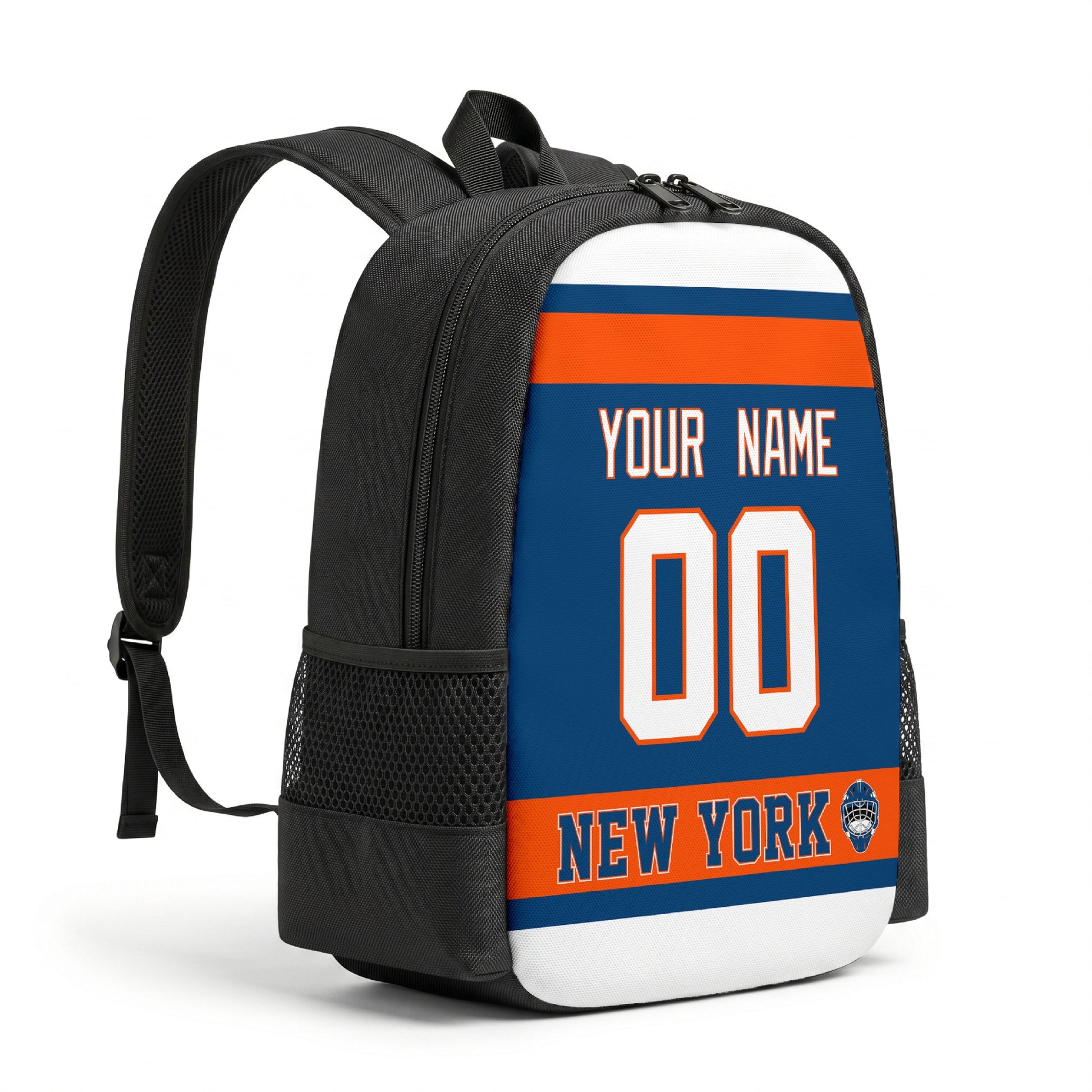 New York hockey backpack angled view with side pocket