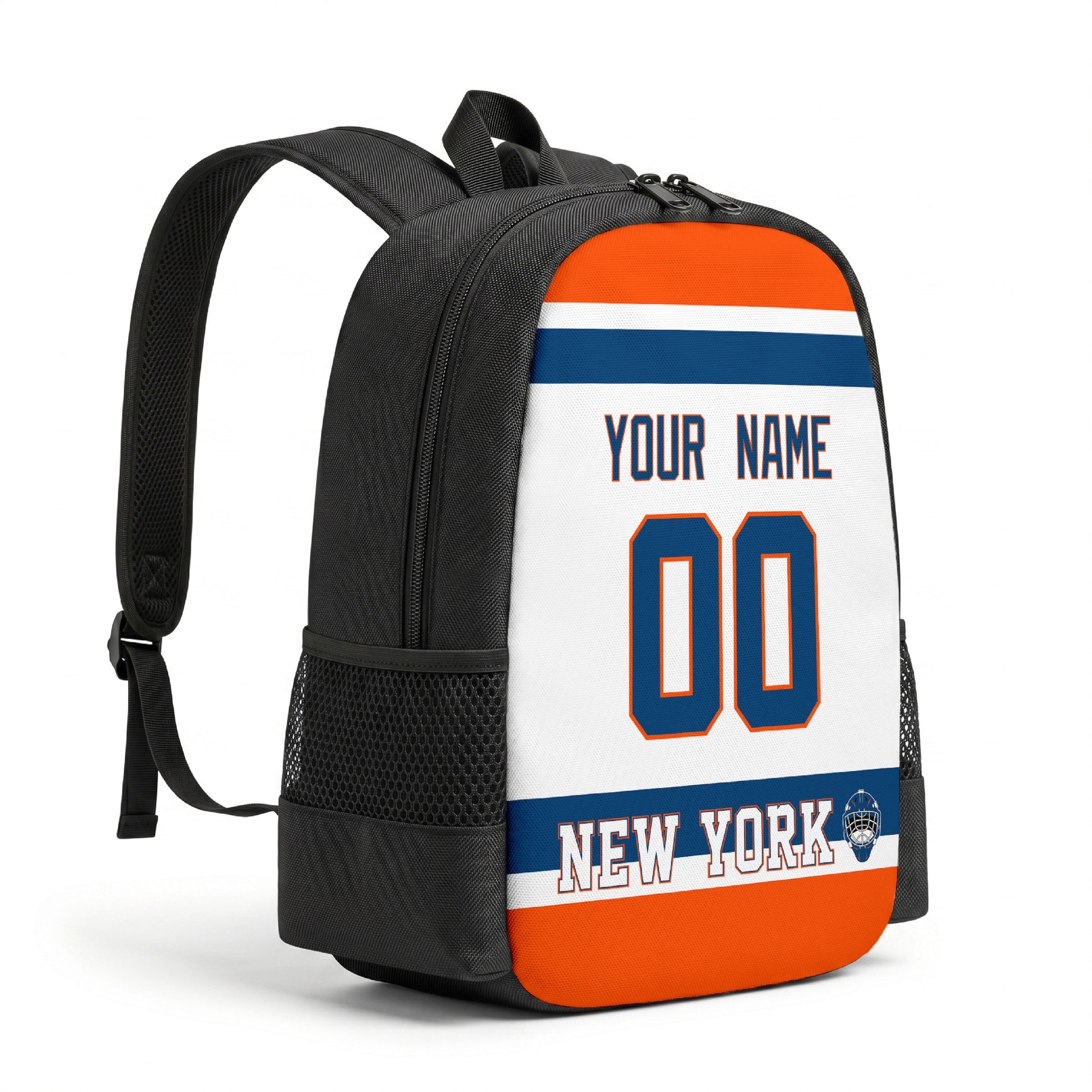 New York personalized hockey backpack alternate angled view with side pocket