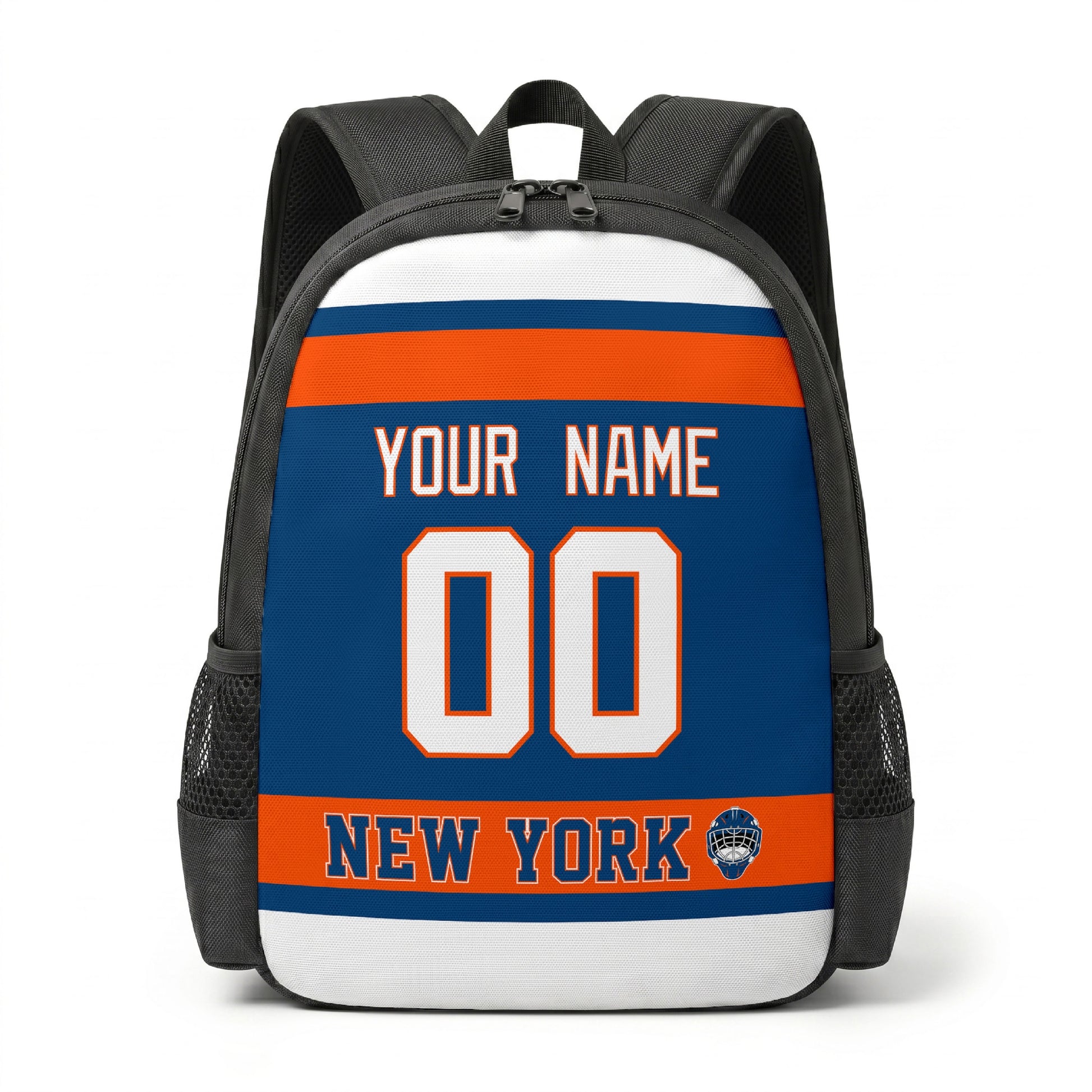 New York hockey backpack front view with custom name and number