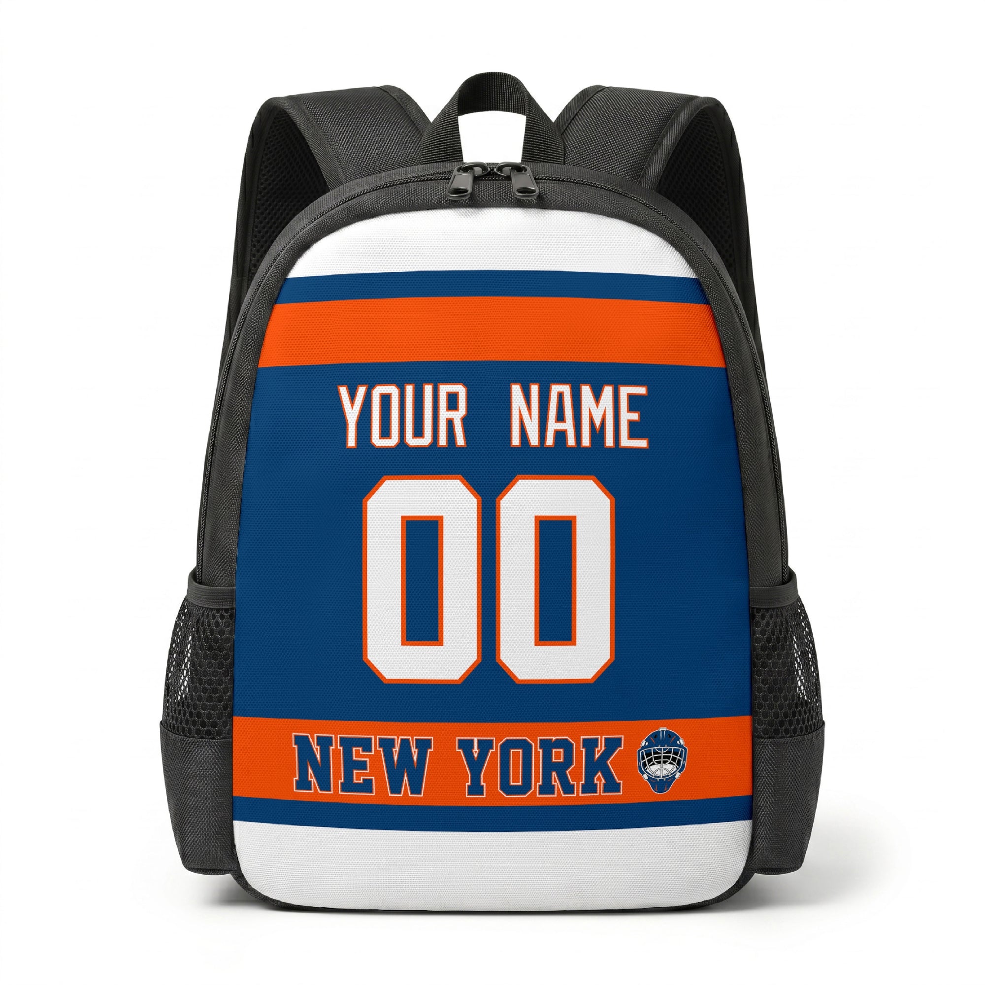 New York hockey backpack front view with custom name and number