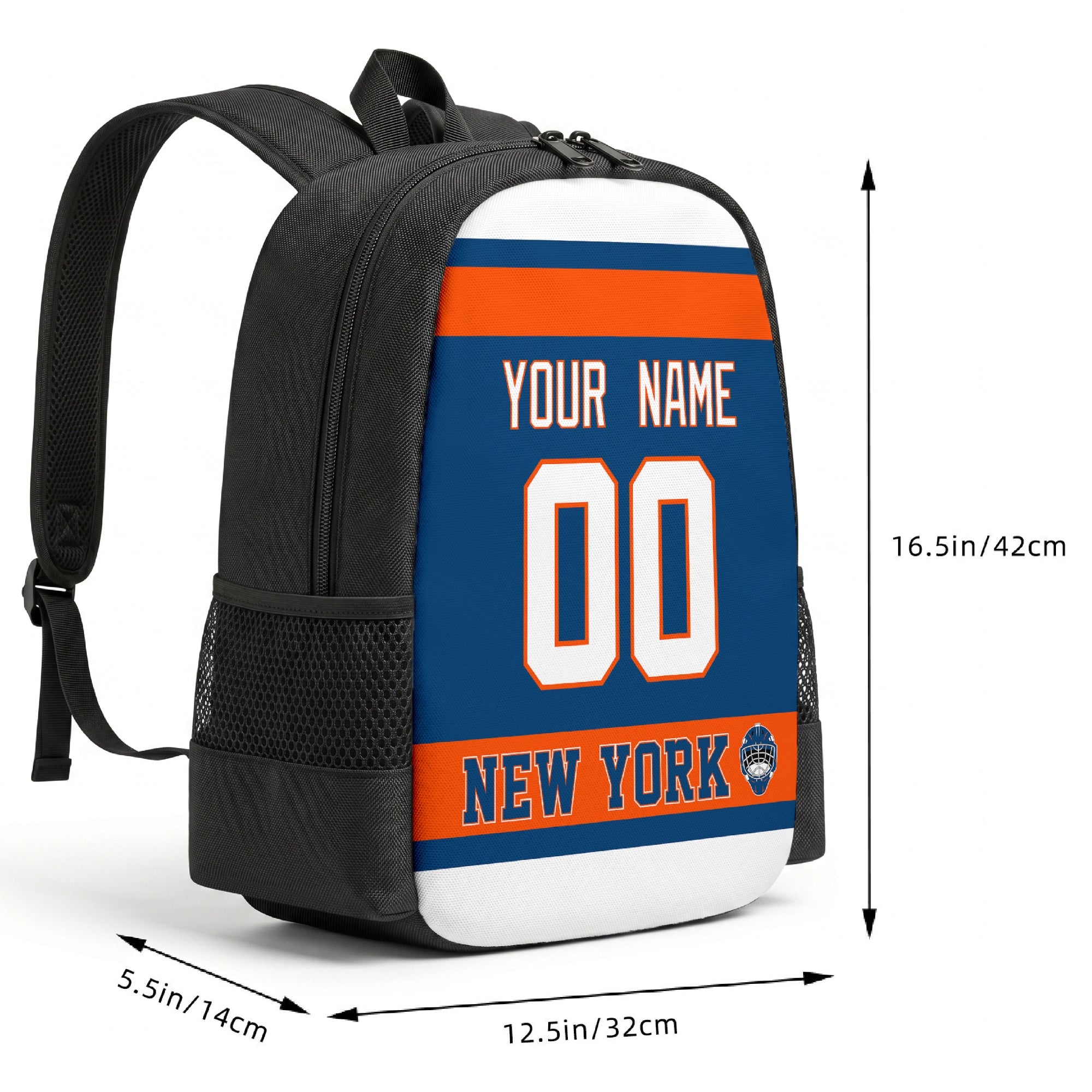 New York custom hockey backpack size chart 16.5 by 12.5 by 5.5 inches