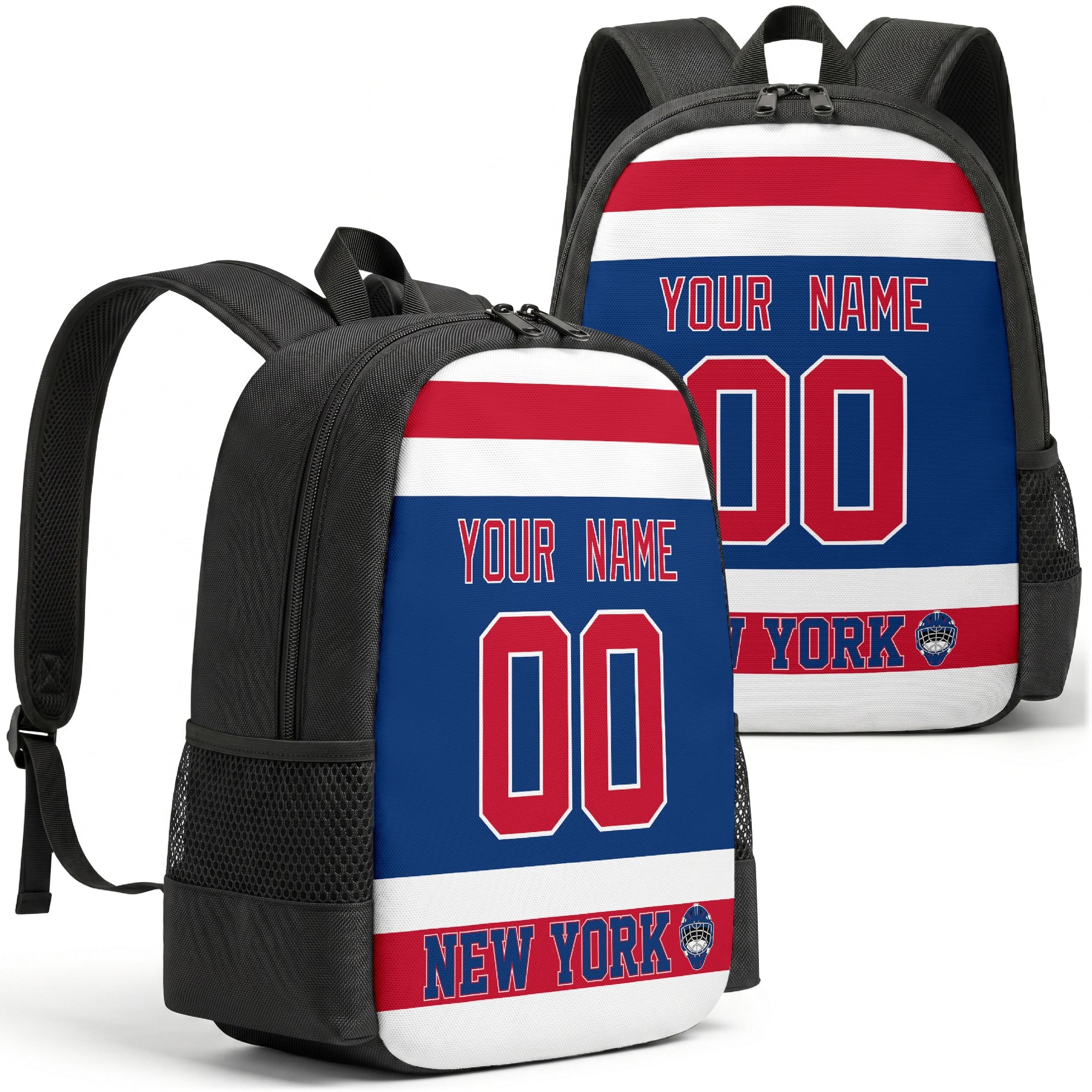 New York R custom hockey backpack front and back product view