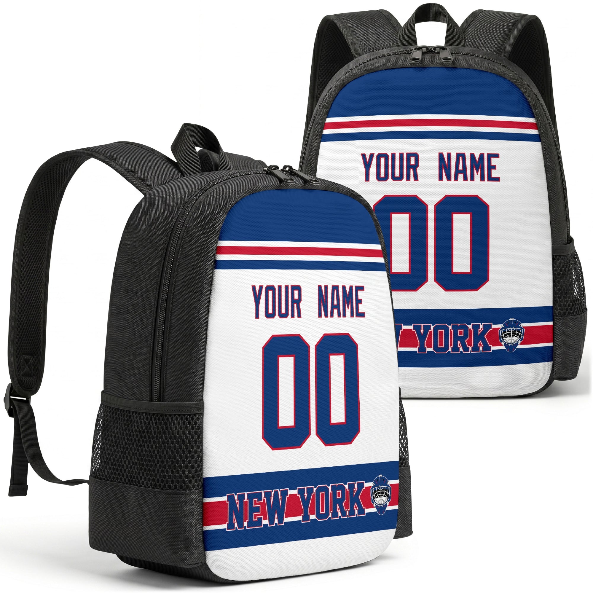 New York R personalized hockey backpack alternate front and back product view