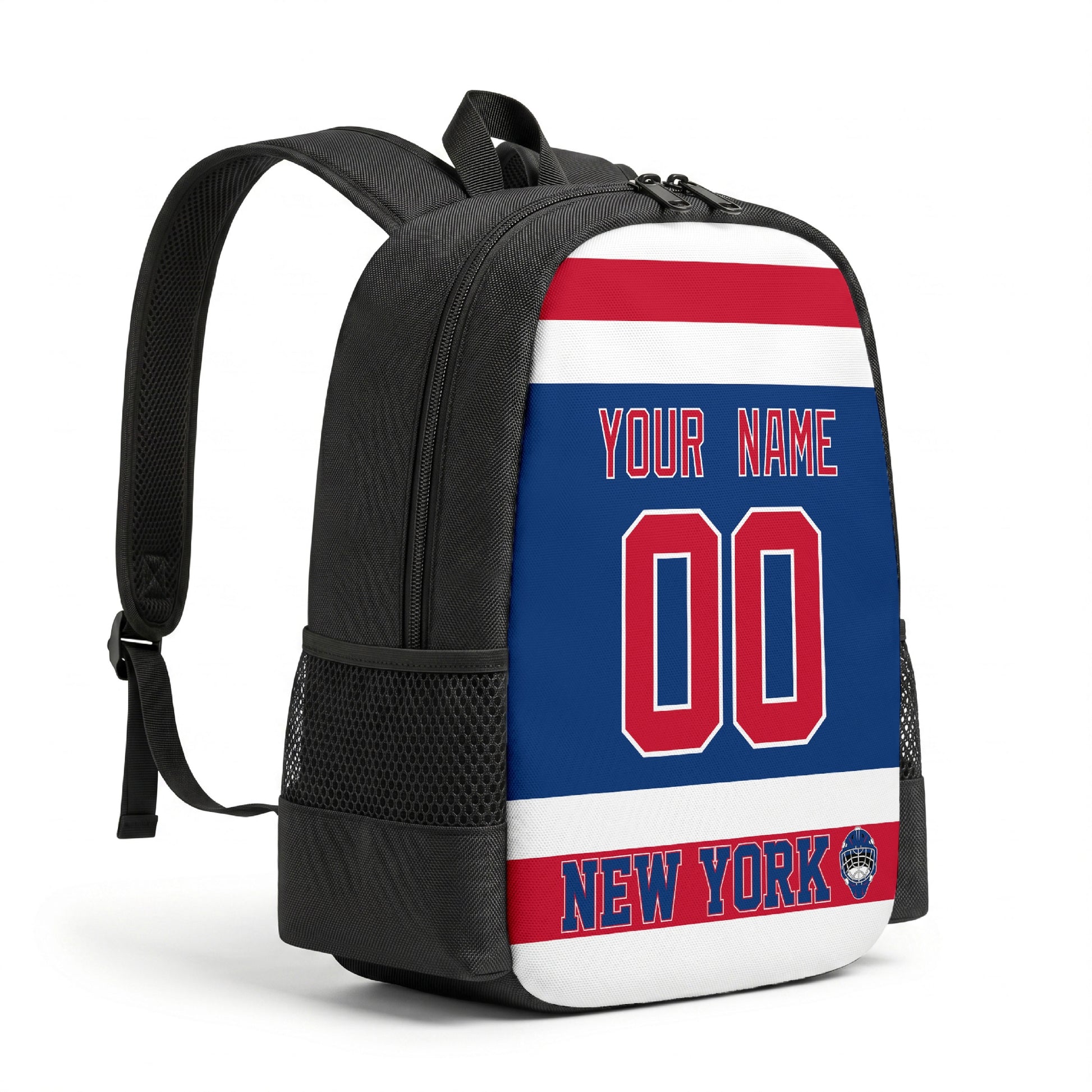 New York R hockey backpack angled view with side pocket