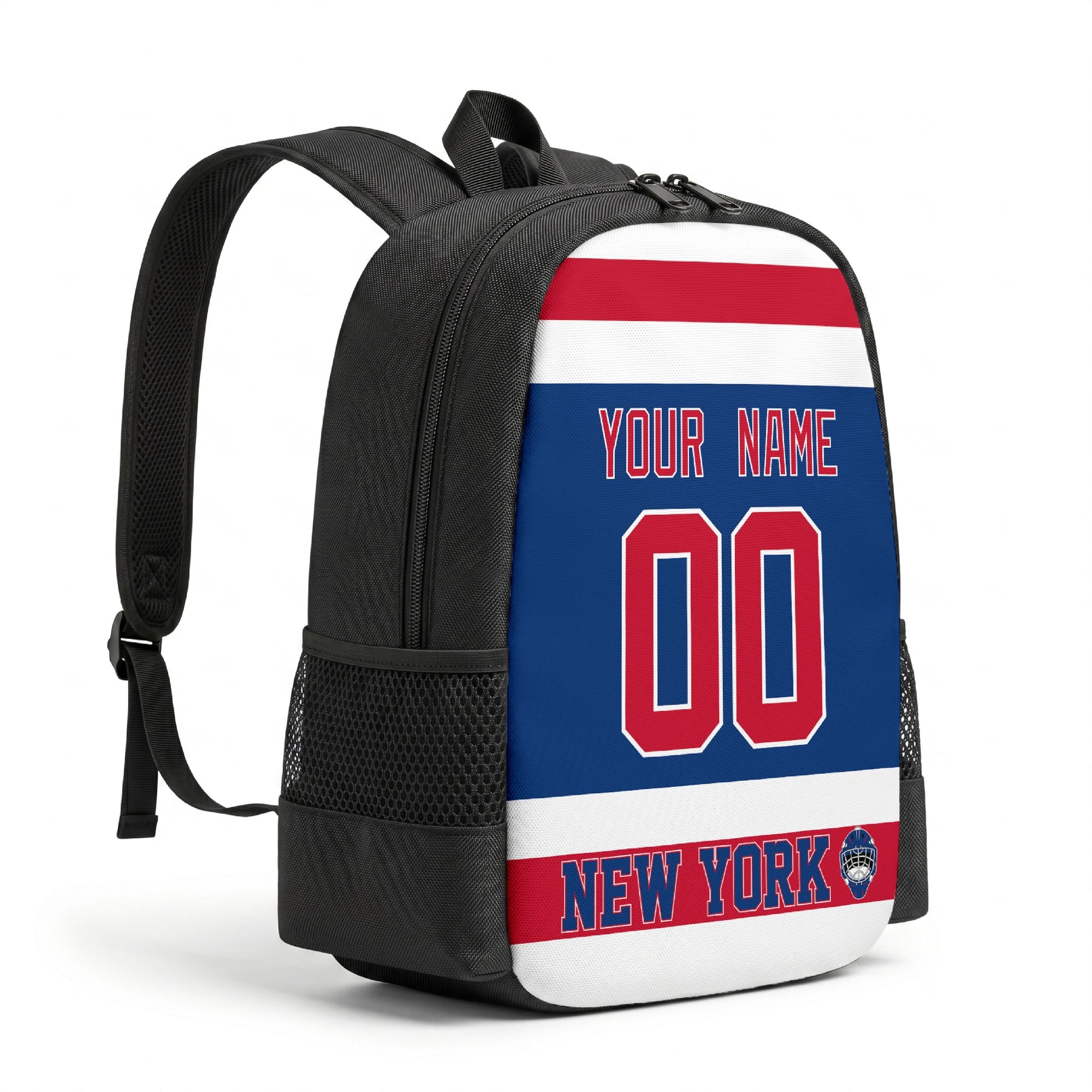 New York R hockey backpack angled view with side pocket