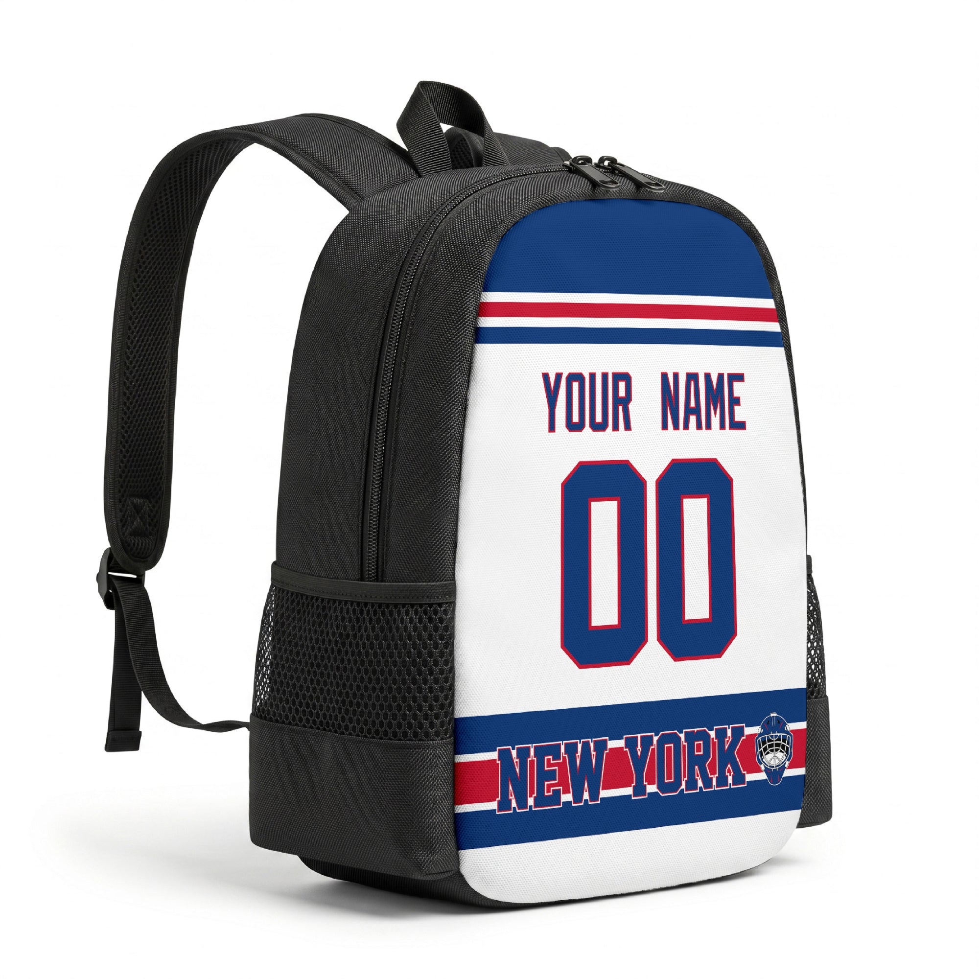New York R personalized hockey backpack alternate angled view with side pocket
