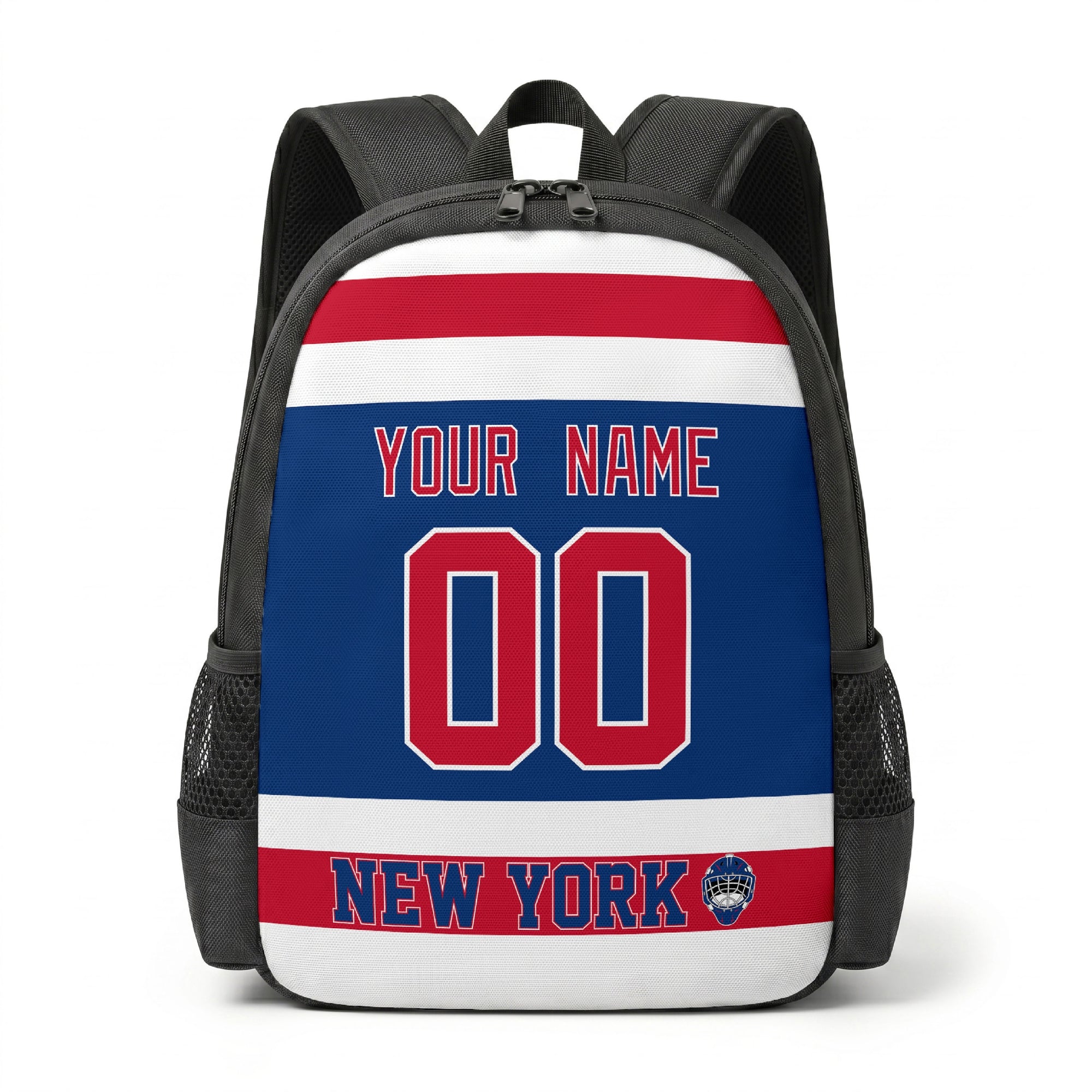 New York R hockey backpack front view with custom name and number