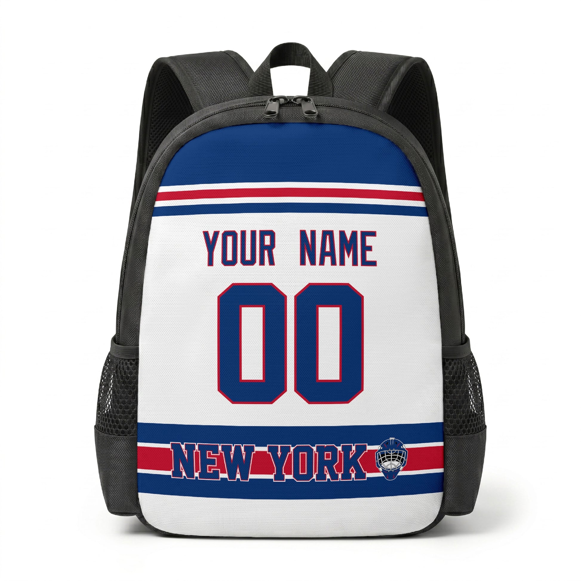 New York R personalized hockey backpack alternate front view
