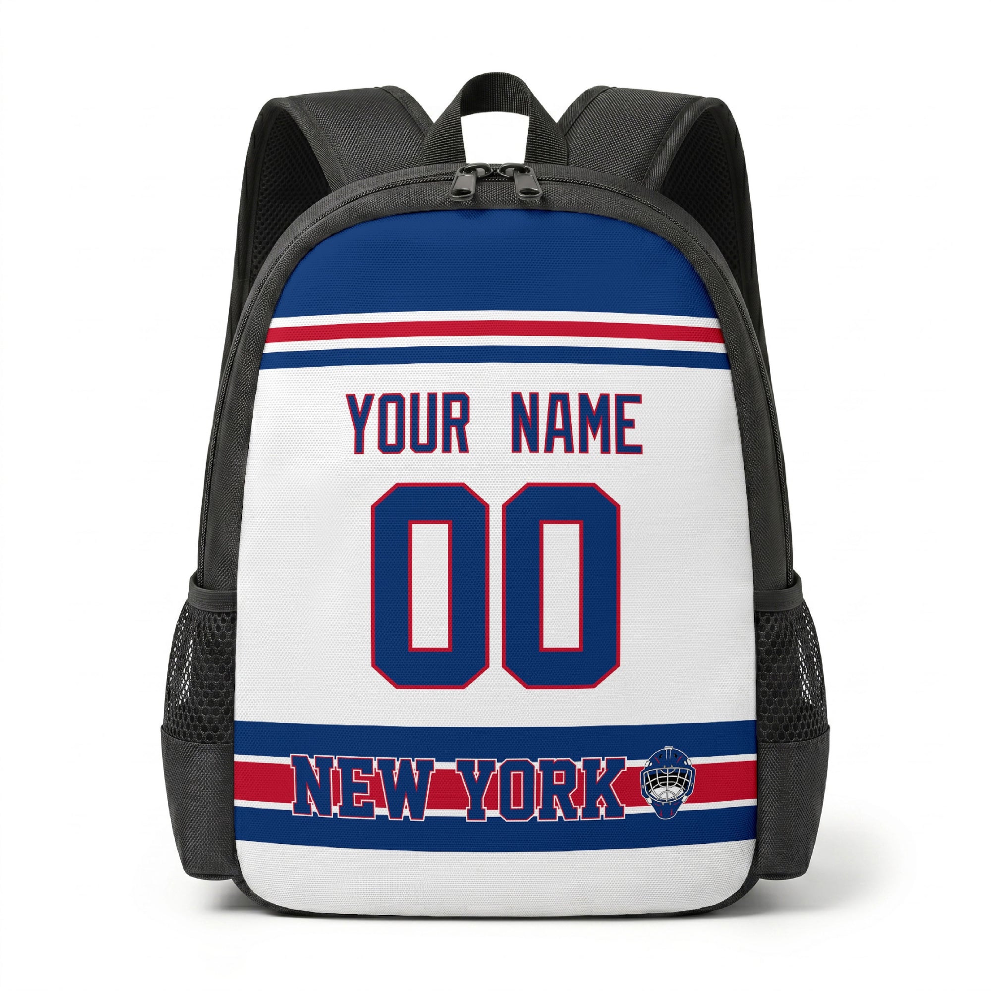 New York R personalized hockey backpack alternate front view