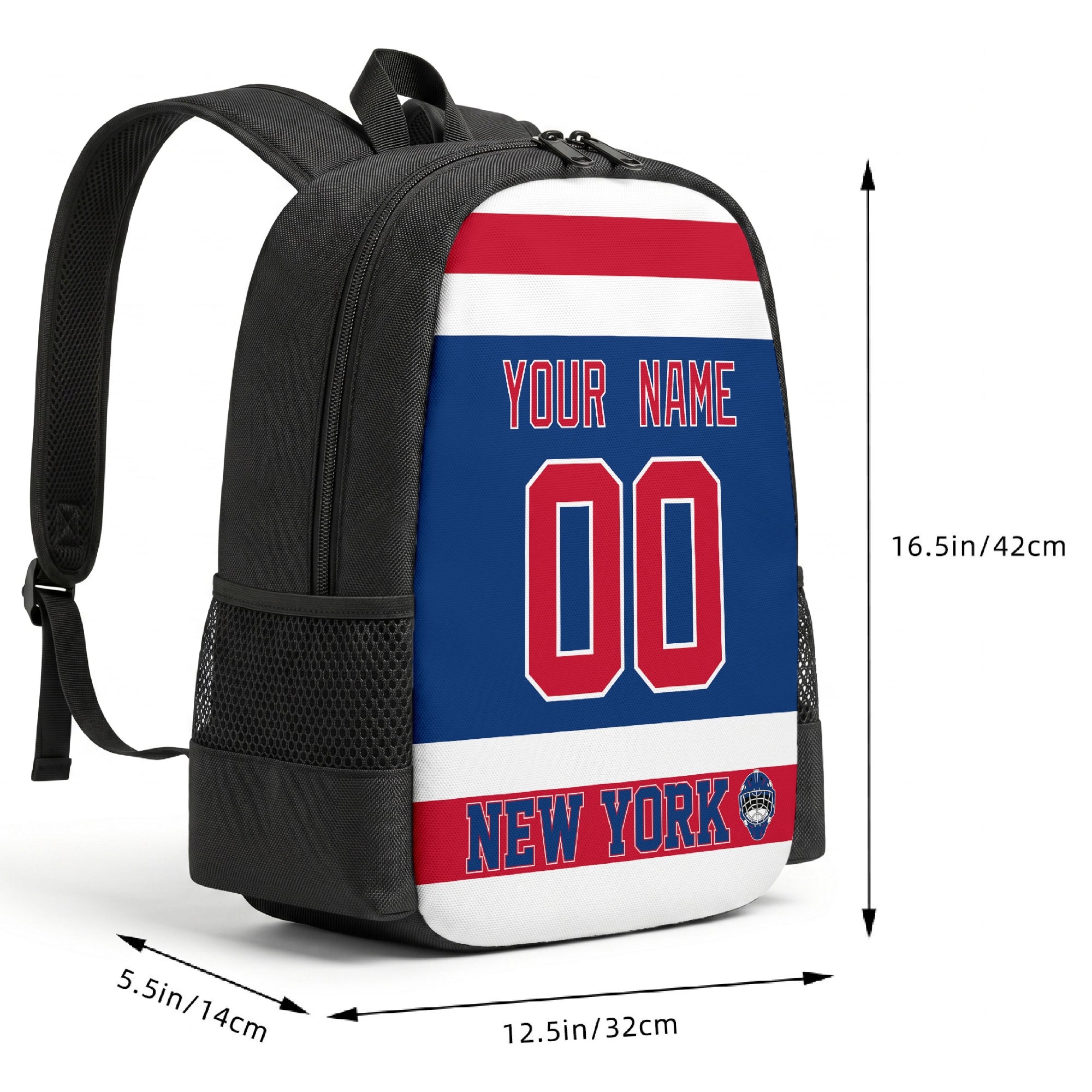 New York R custom hockey backpack size chart 16.5 by 12.5 by 5.5 inches