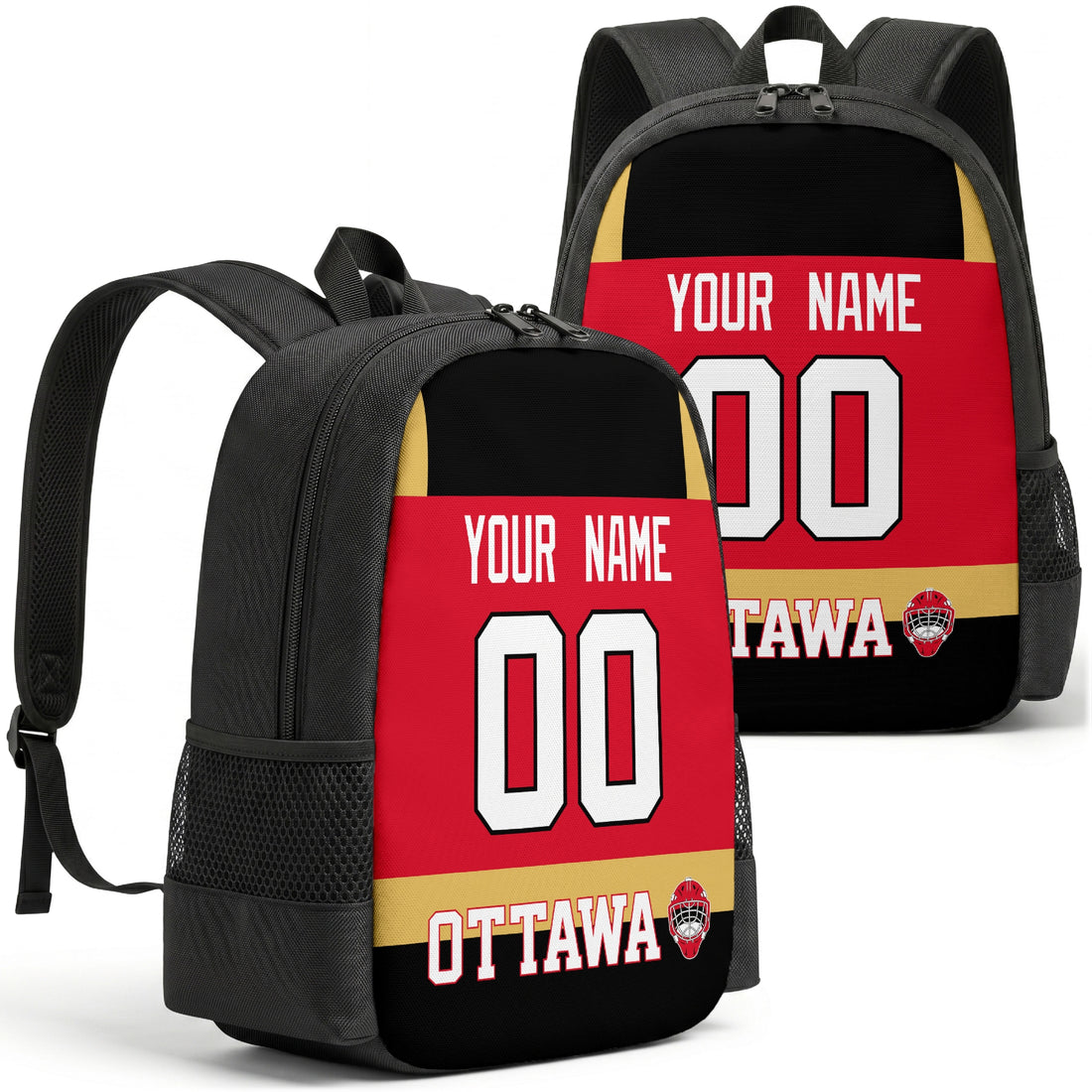 Custom hockey backpack for Ottawa fans with name and number preview