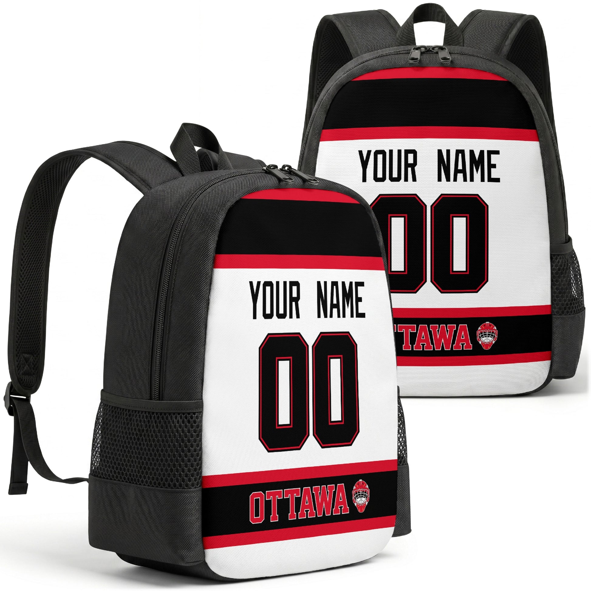 Ottawa personalized hockey backpack alternate front and back product view
