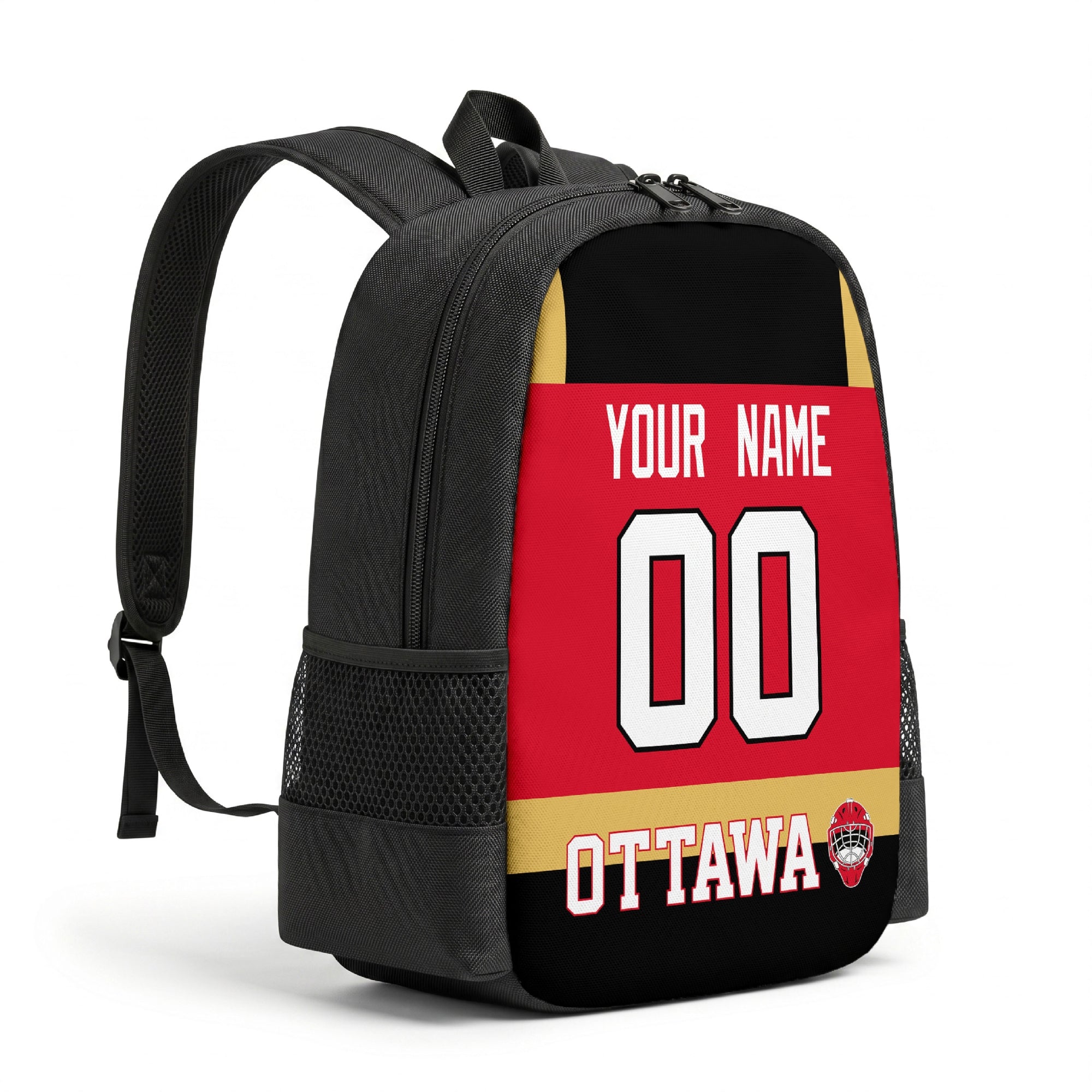 Ottawa hockey backpack angled view with side pocket