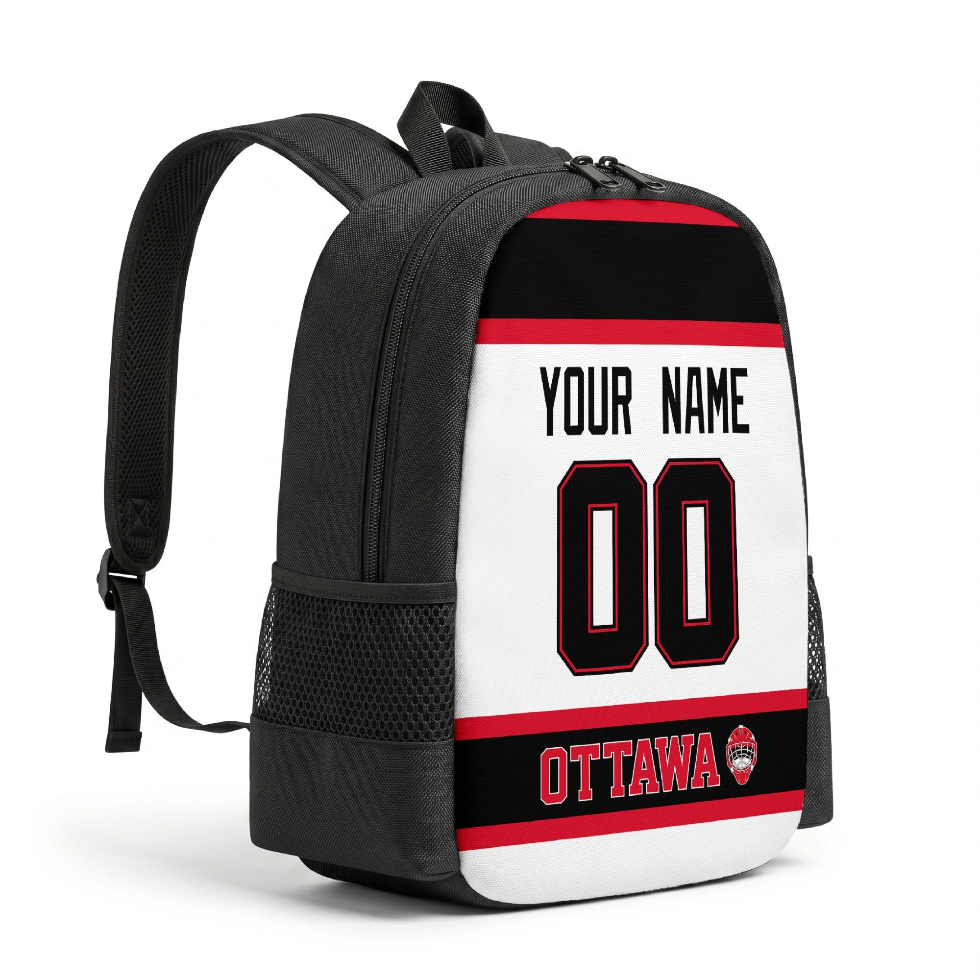 Ottawa personalized hockey backpack alternate angled view with side pocket
