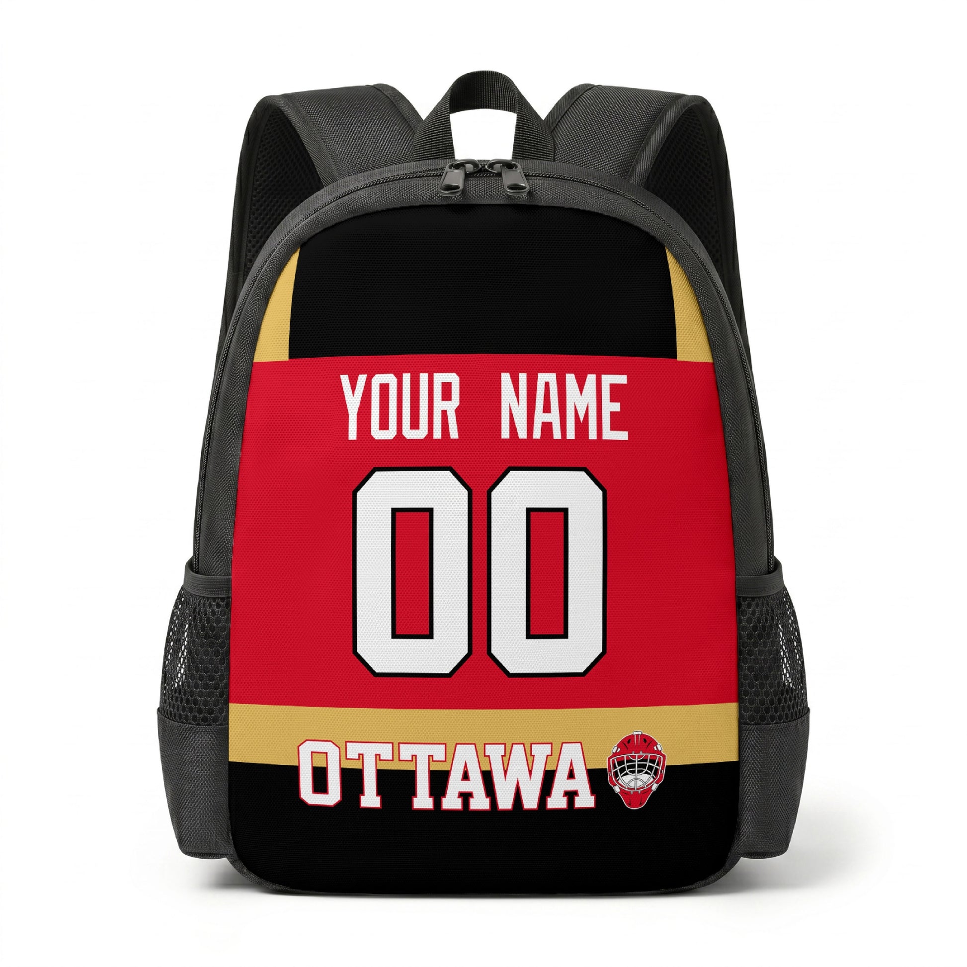 Ottawa hockey backpack front view with custom name and number