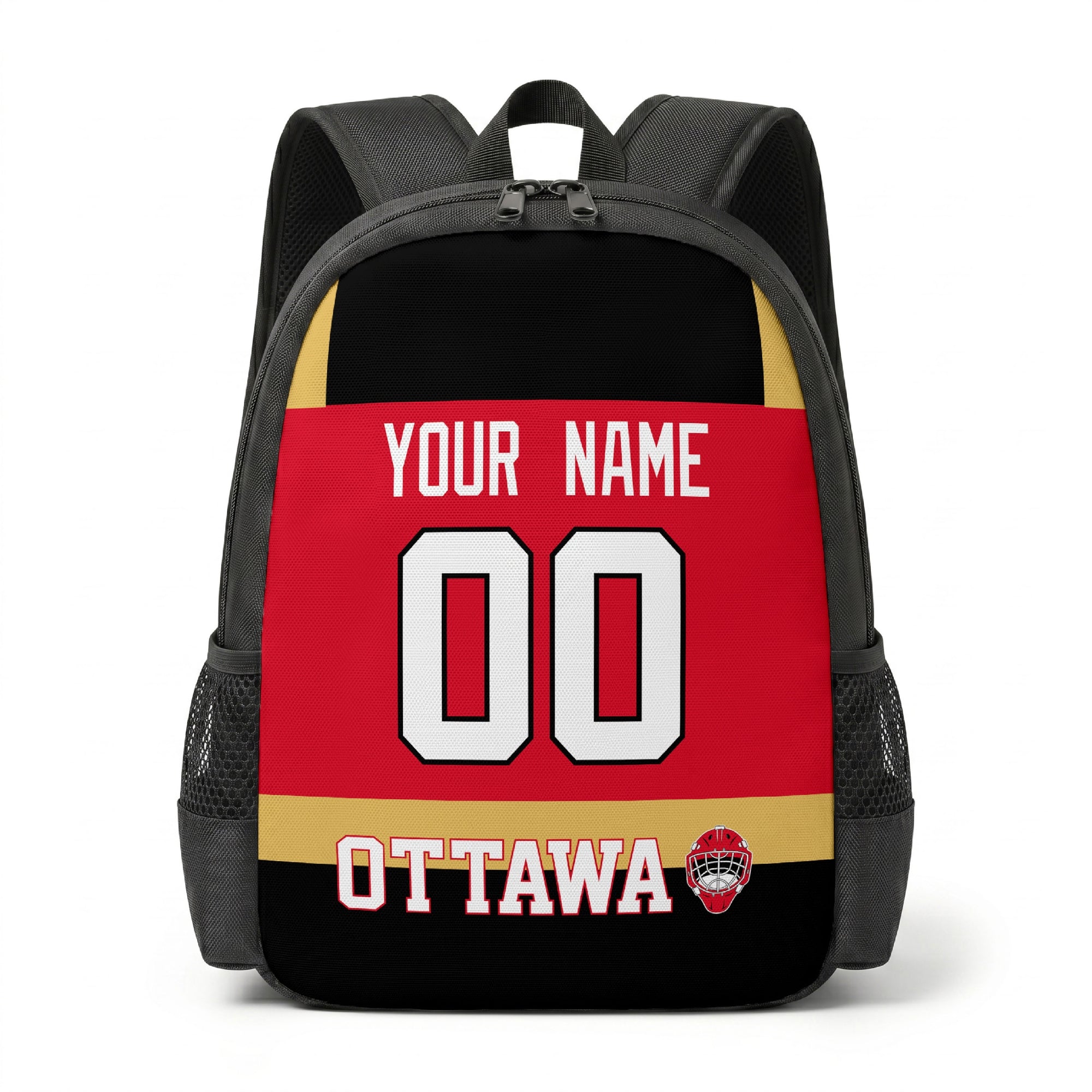 Ottawa hockey backpack front view with custom name and number
