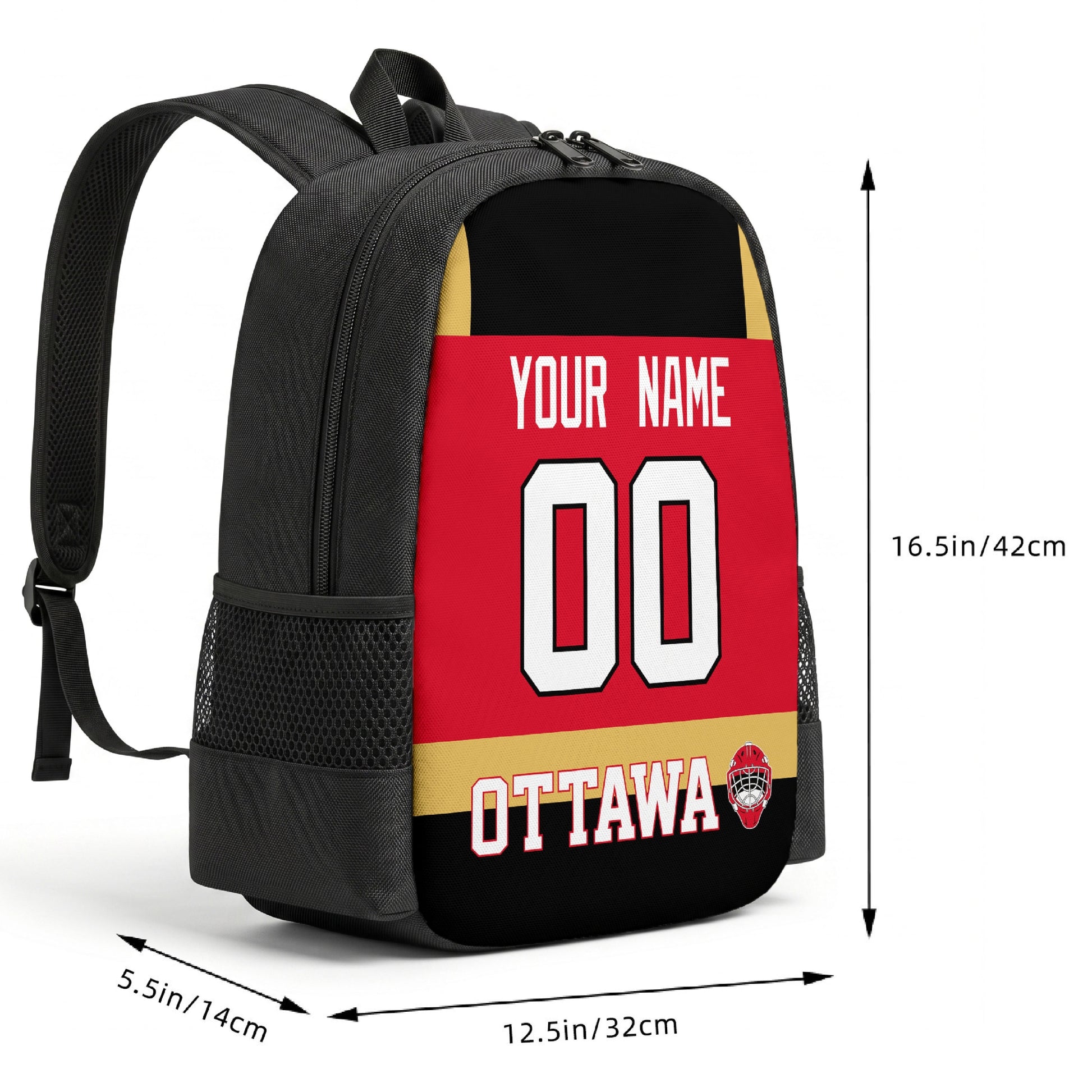 Ottawa custom hockey backpack size chart 16.5 by 12.5 by 5.5 inches