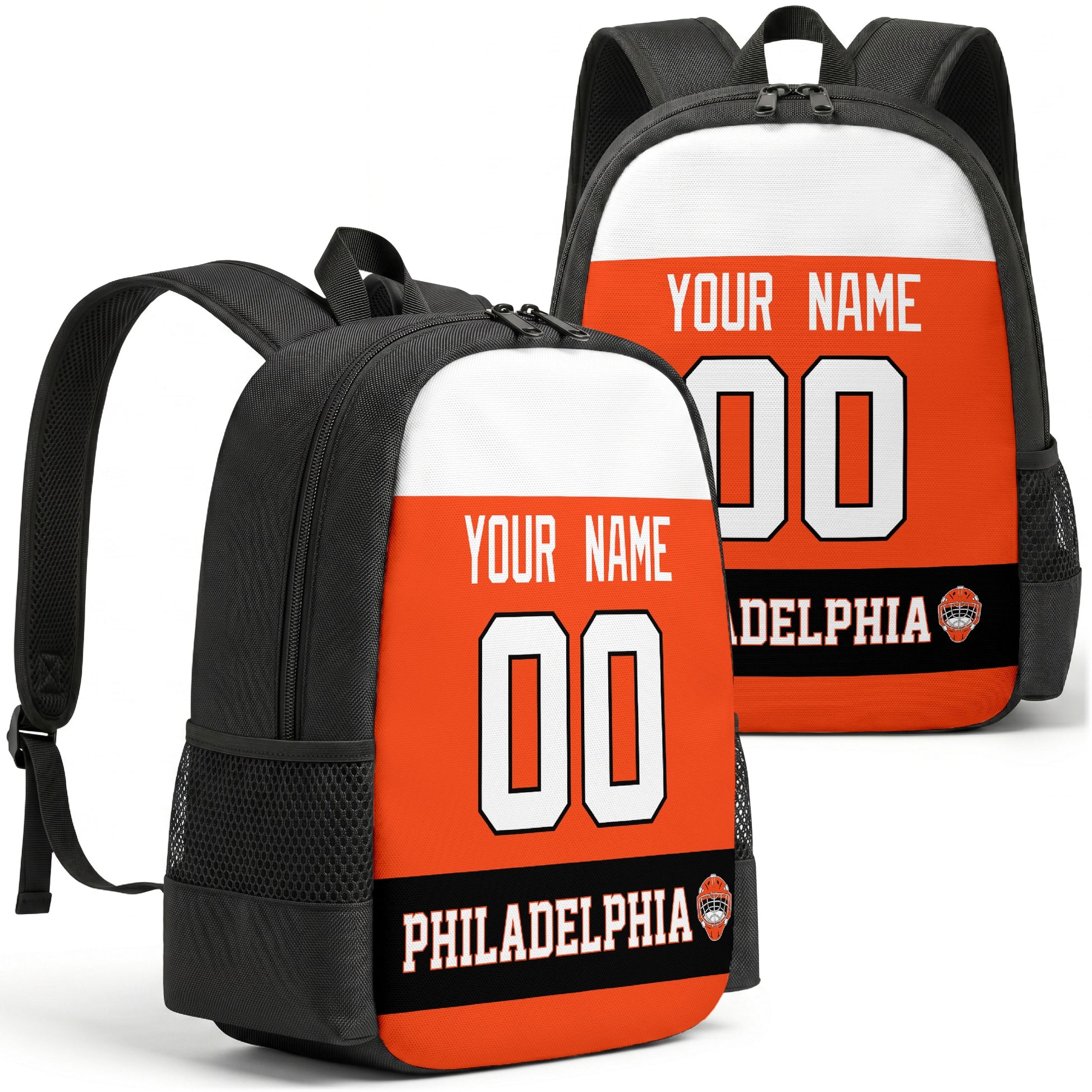Philadelphia custom hockey backpack front and back product view