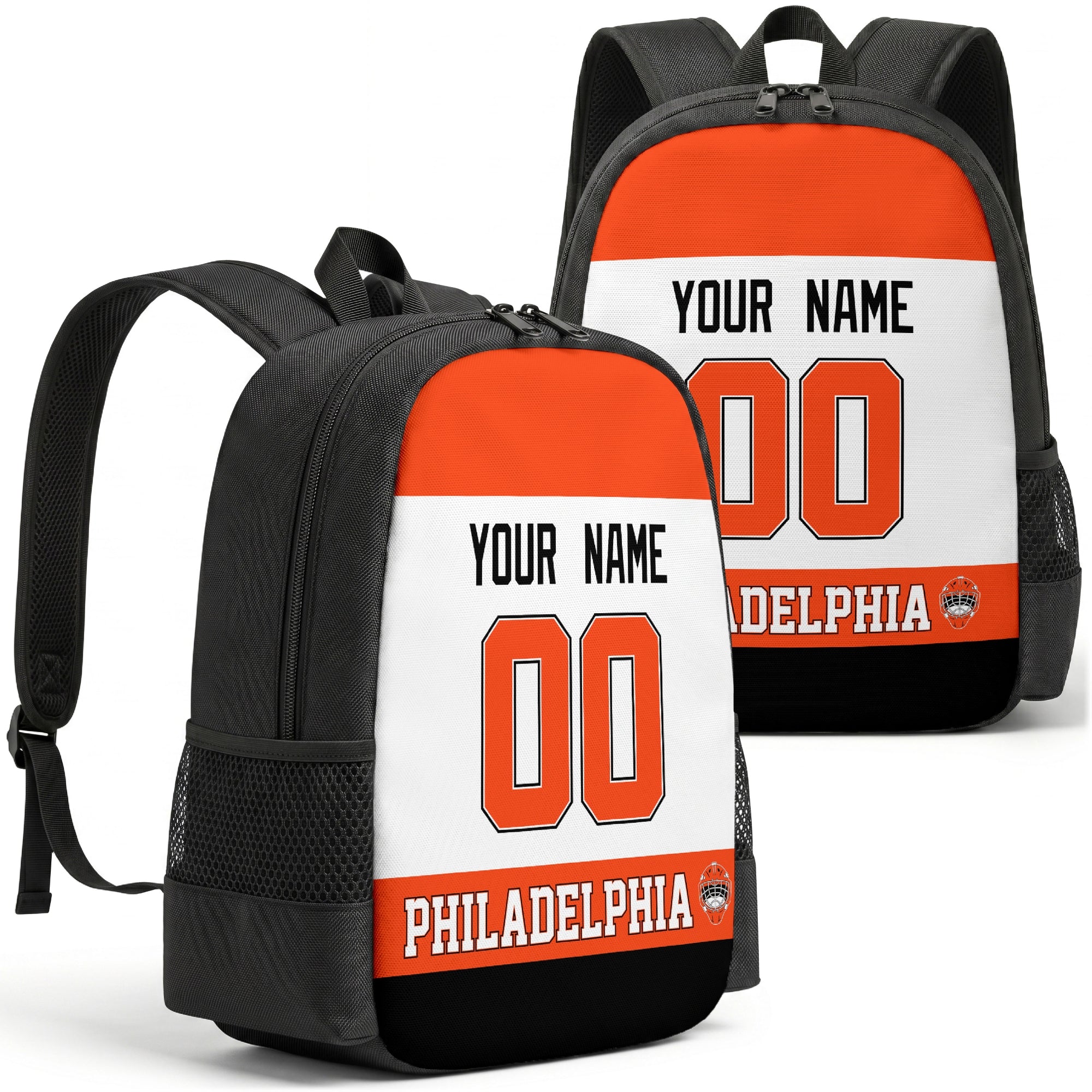 Philadelphia personalized hockey backpack alternate front and back product view
