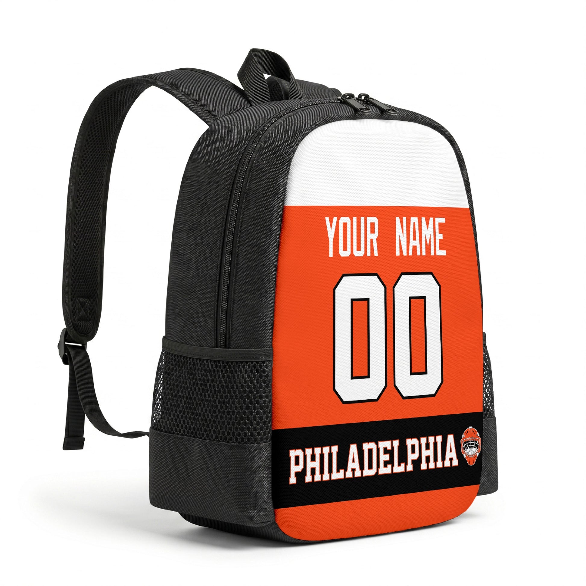 Philadelphia hockey backpack angled view with side pocket