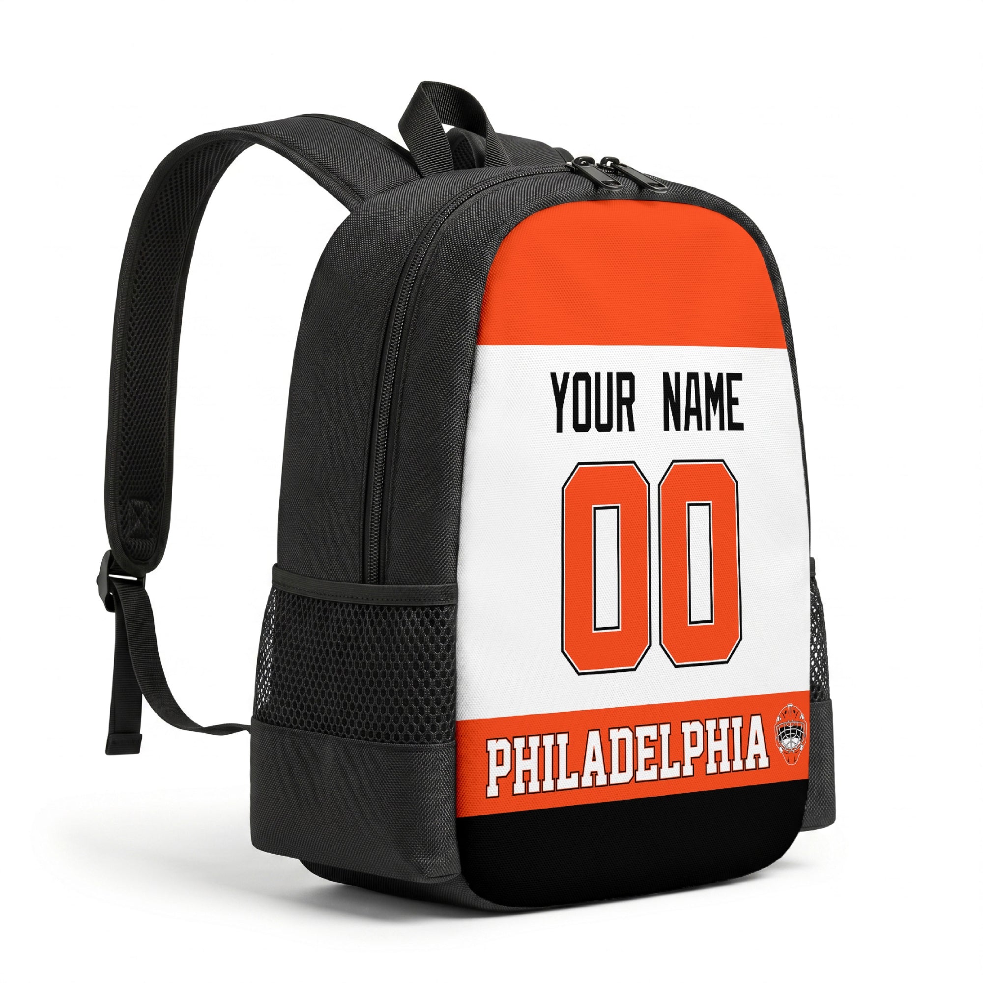 Philadelphia personalized hockey backpack alternate angled view with side pocket