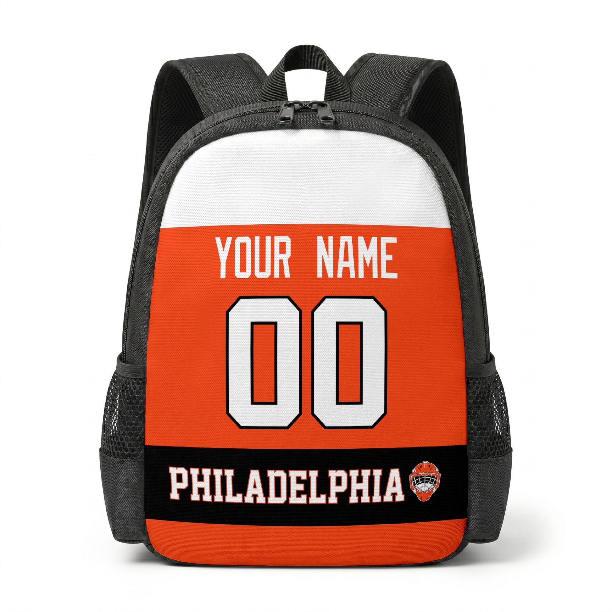 Philadelphia hockey backpack front view with custom name and number