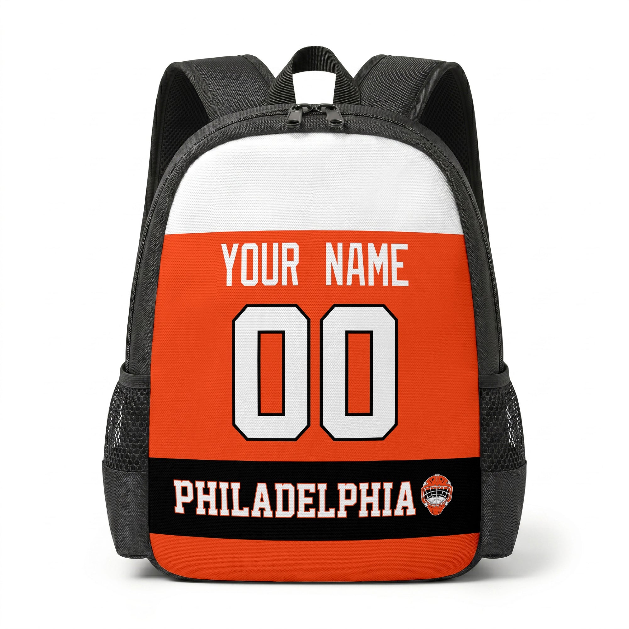 Philadelphia hockey backpack front view with custom name and number
