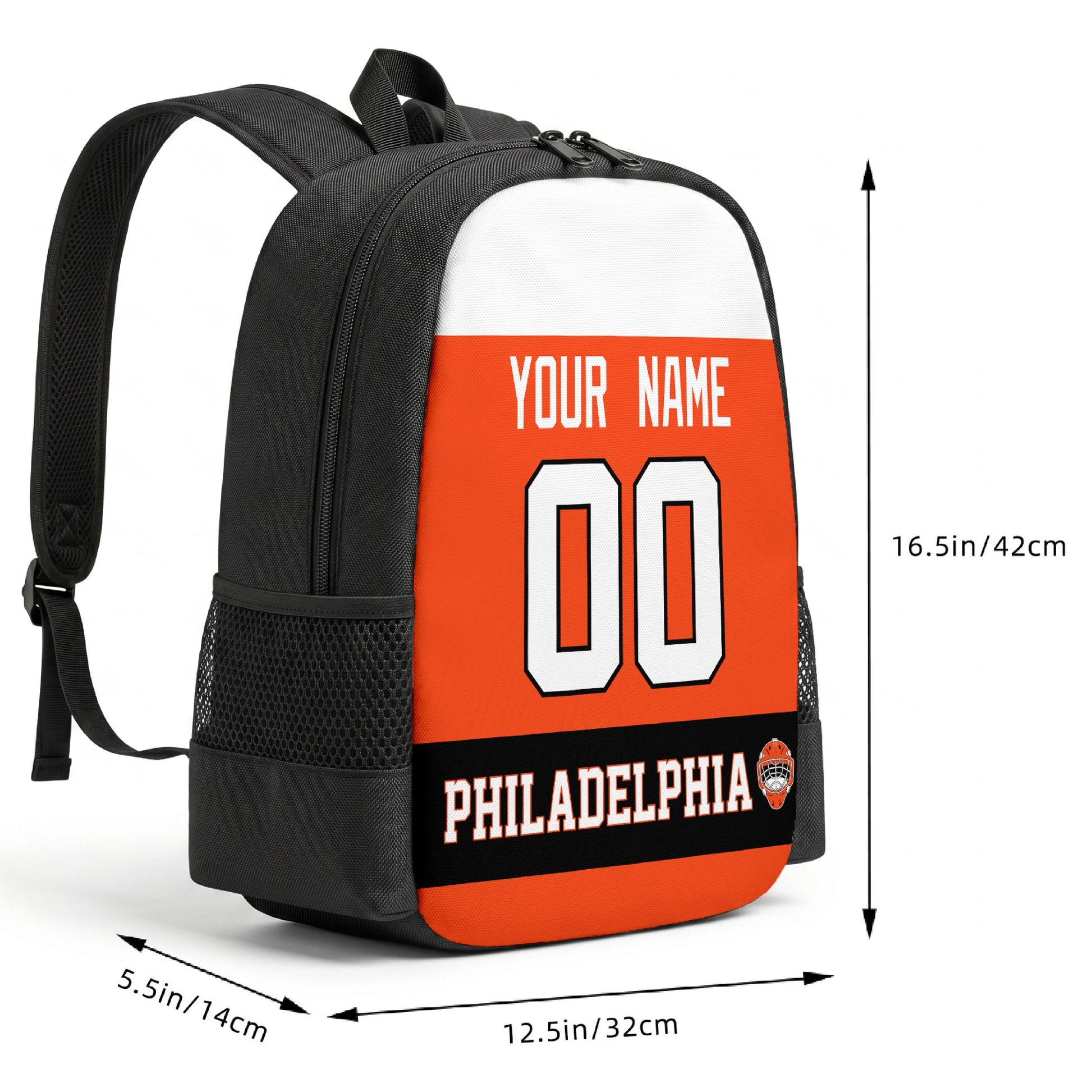 Philadelphia custom hockey backpack size chart 16.5 by 12.5 by 5.5 inches