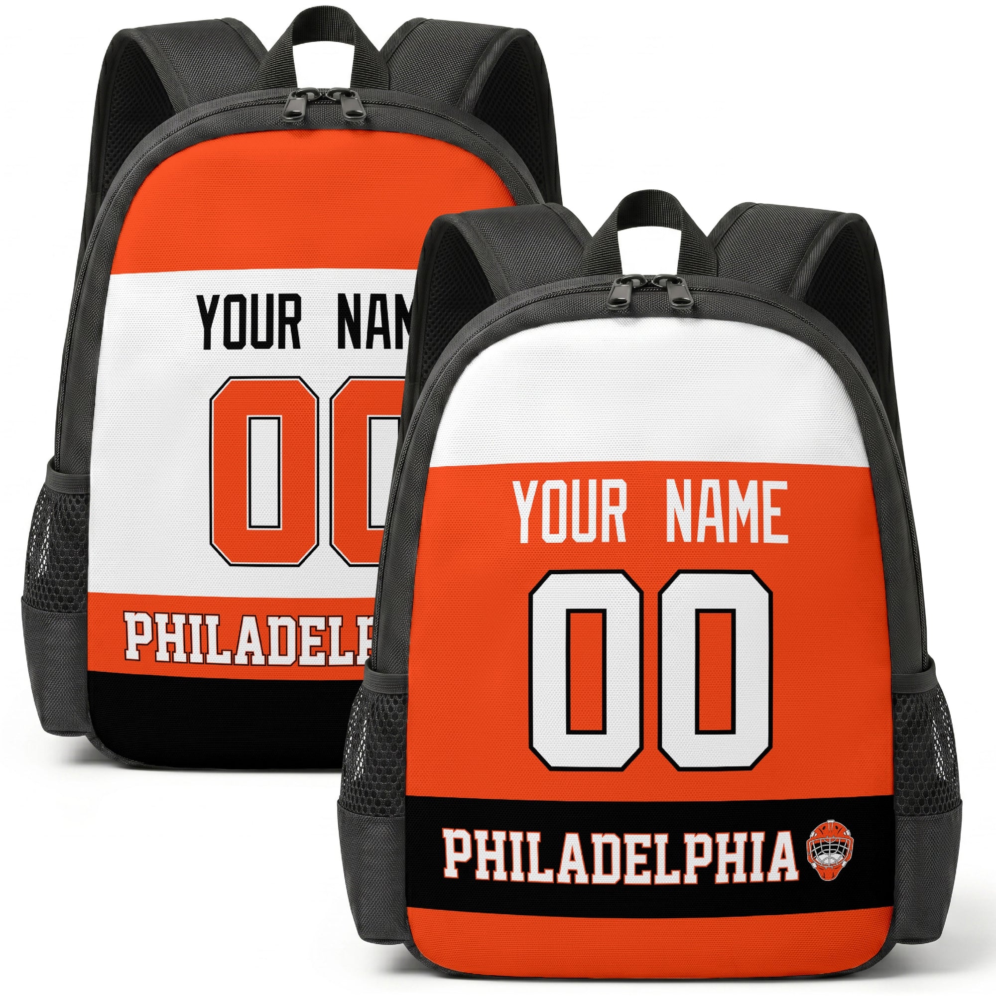 Custom hockey backpack for Philadelphia fans with name and number preview