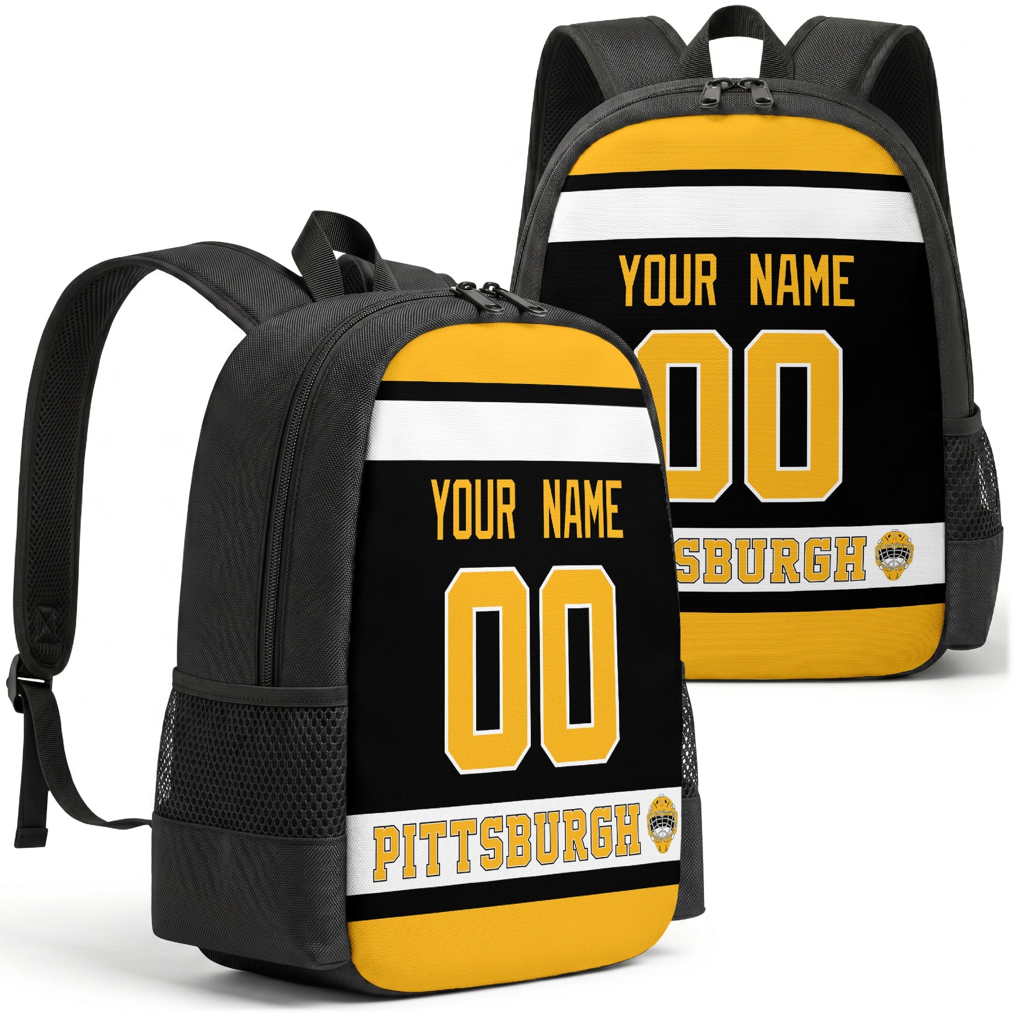Pittsburgh custom hockey backpack front and back product view