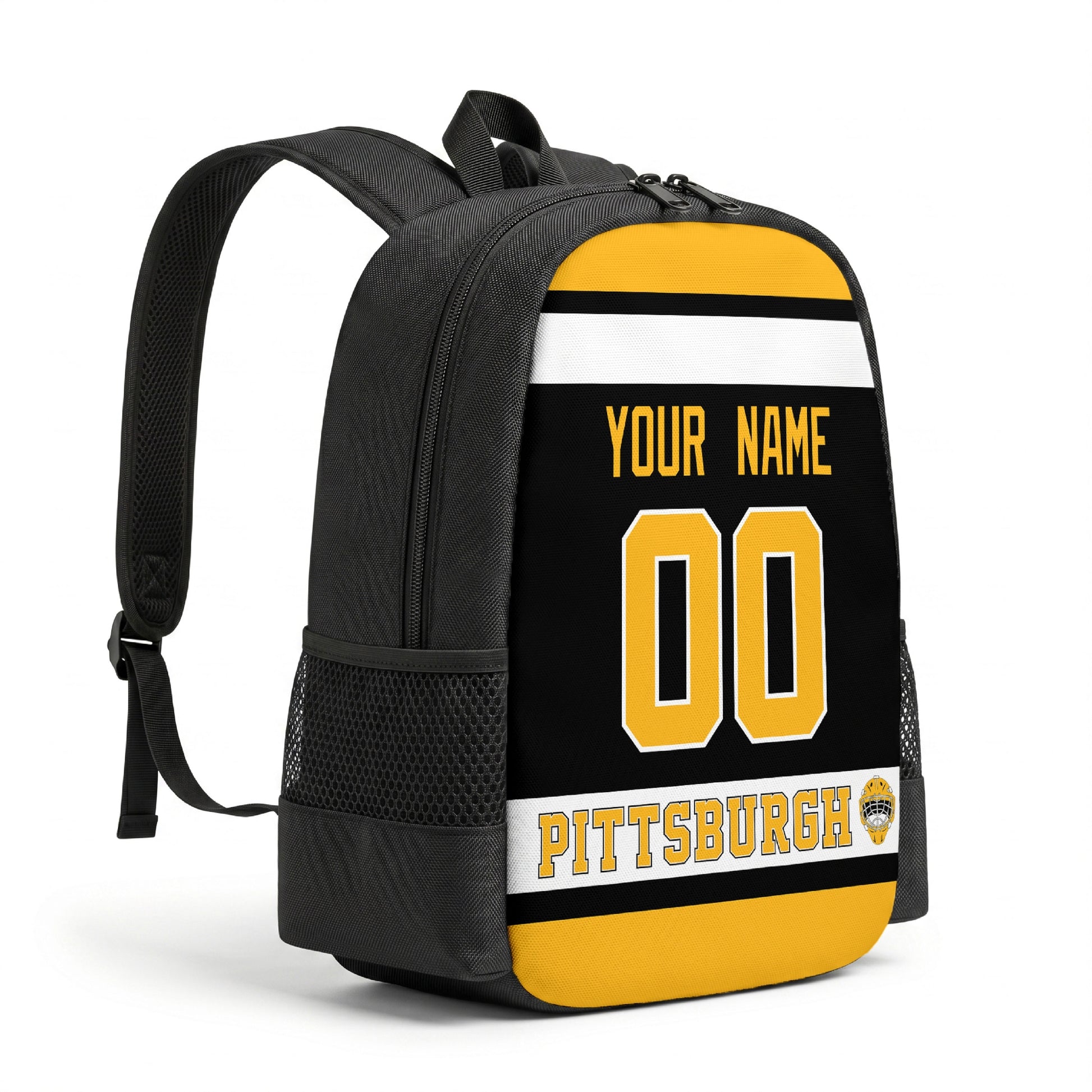 Pittsburgh hockey backpack angled view with side pocket