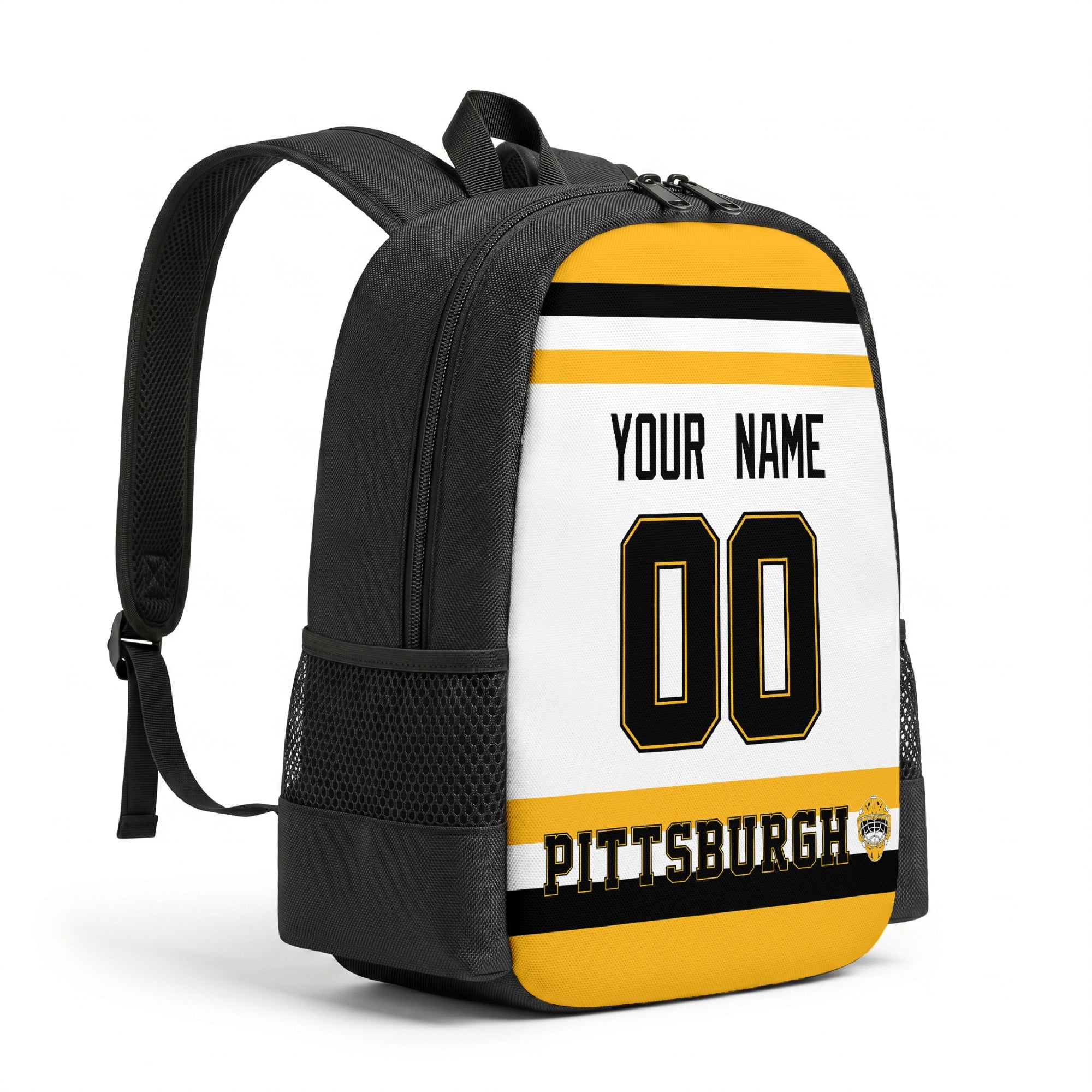 Pittsburgh personalized hockey backpack alternate angled view with side pocket