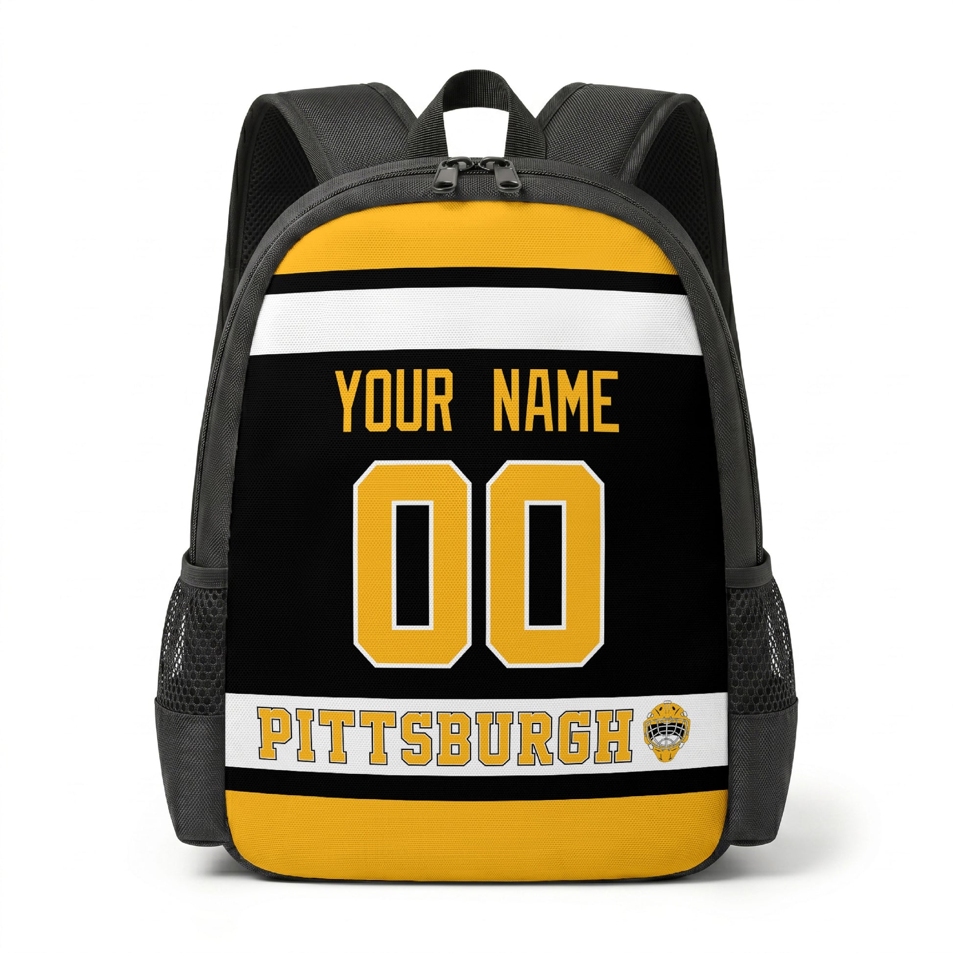 Pittsburgh hockey backpack front view with custom name and number
