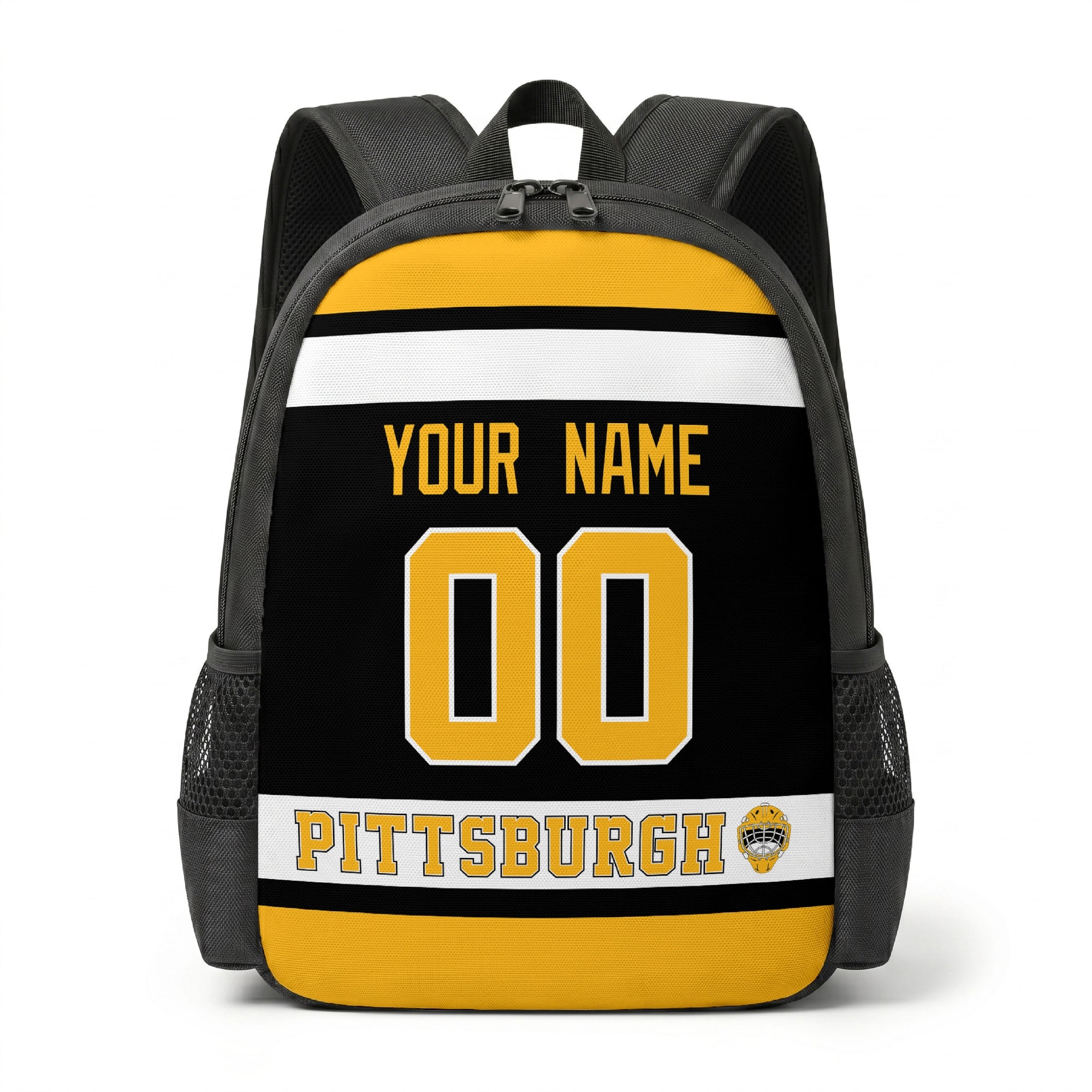 Pittsburgh hockey backpack front view with custom name and number