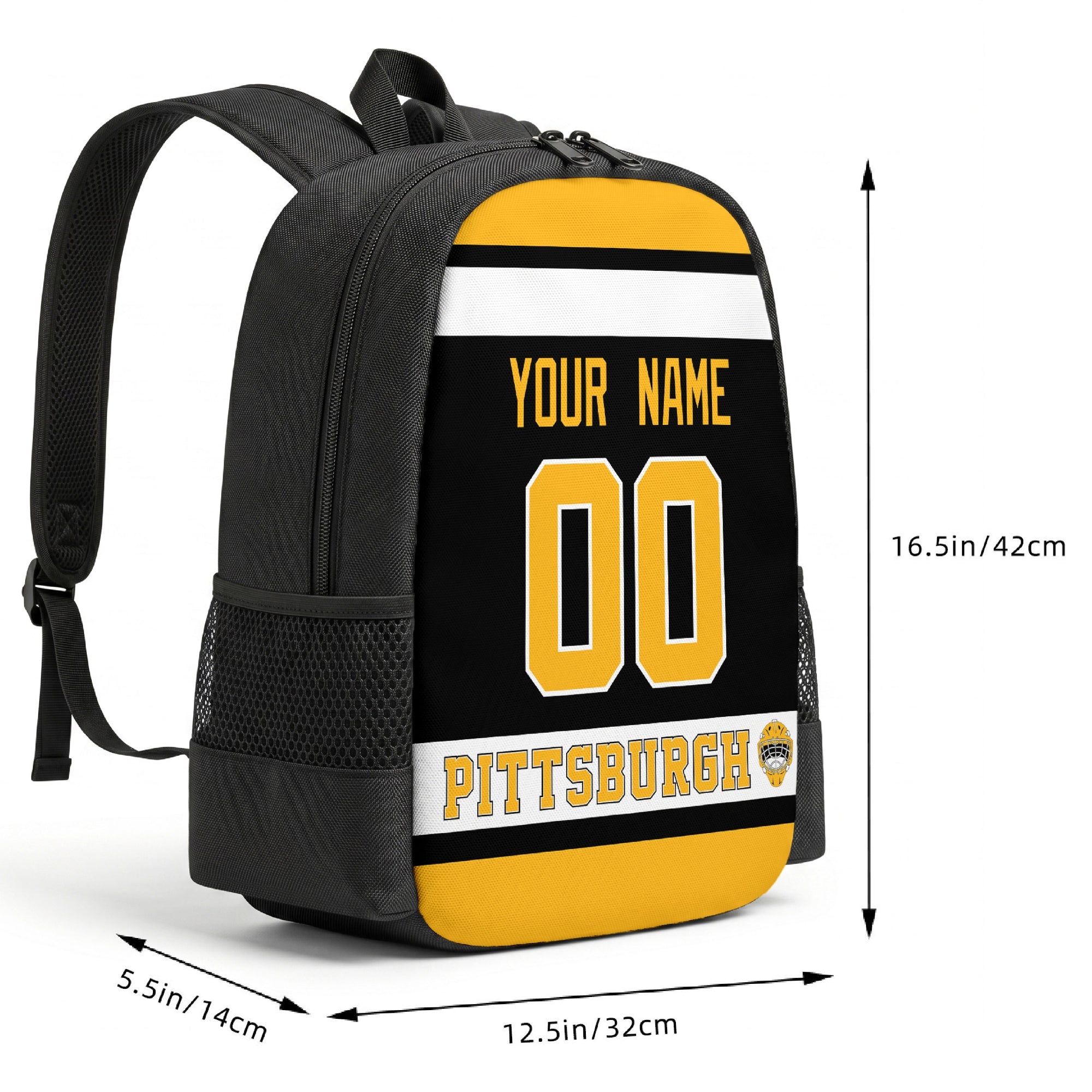 Pittsburgh custom hockey backpack size chart 16.5 by 12.5 by 5.5 inches