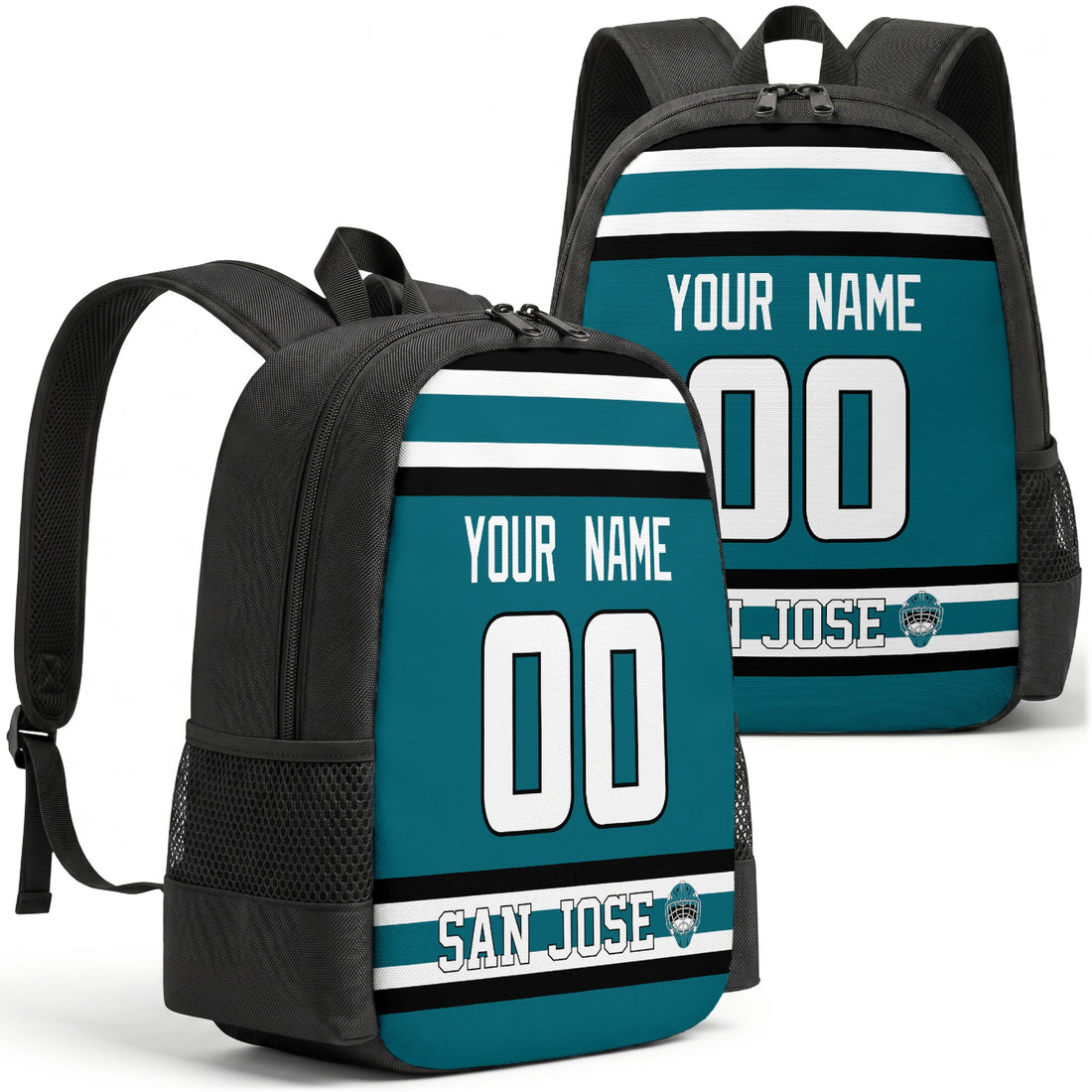 Custom hockey backpack for San Jose fans with name and number preview