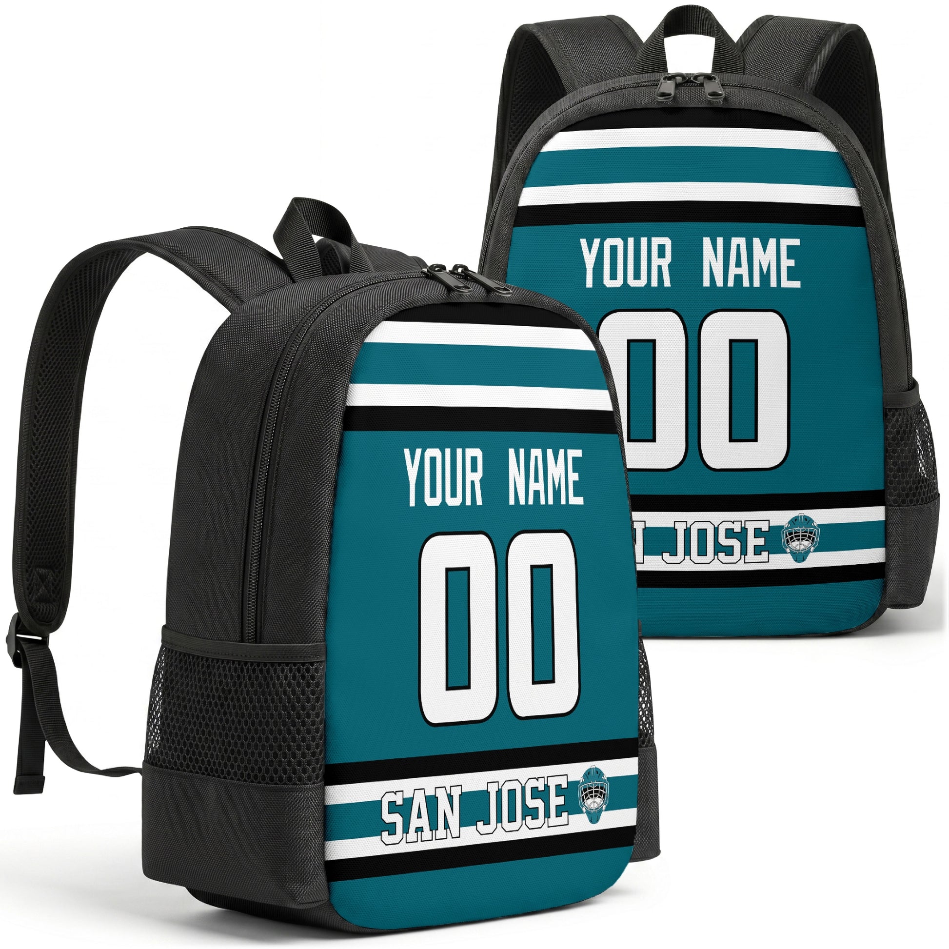 San Jose custom hockey backpack front and back product view