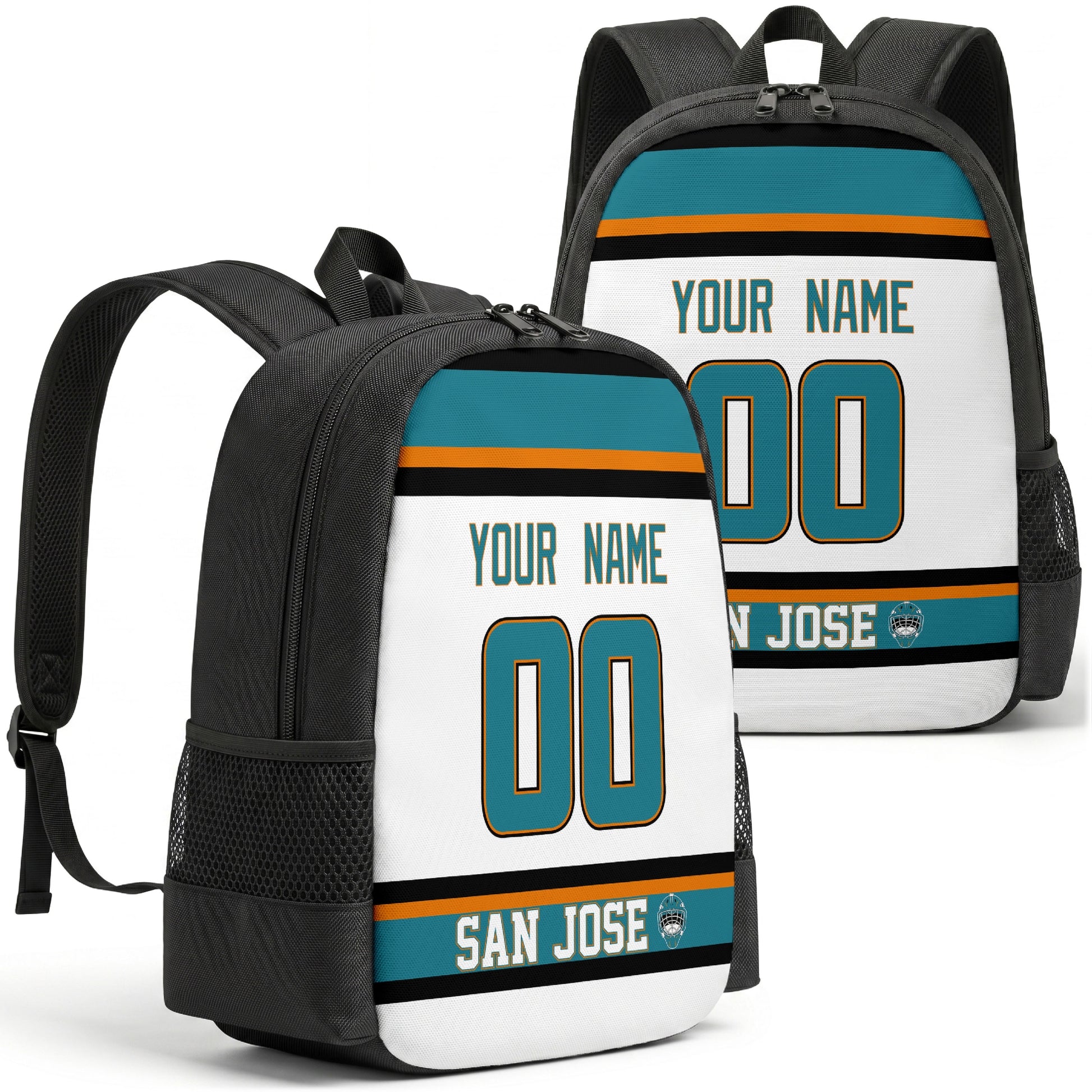 San Jose personalized hockey backpack alternate front and back product view