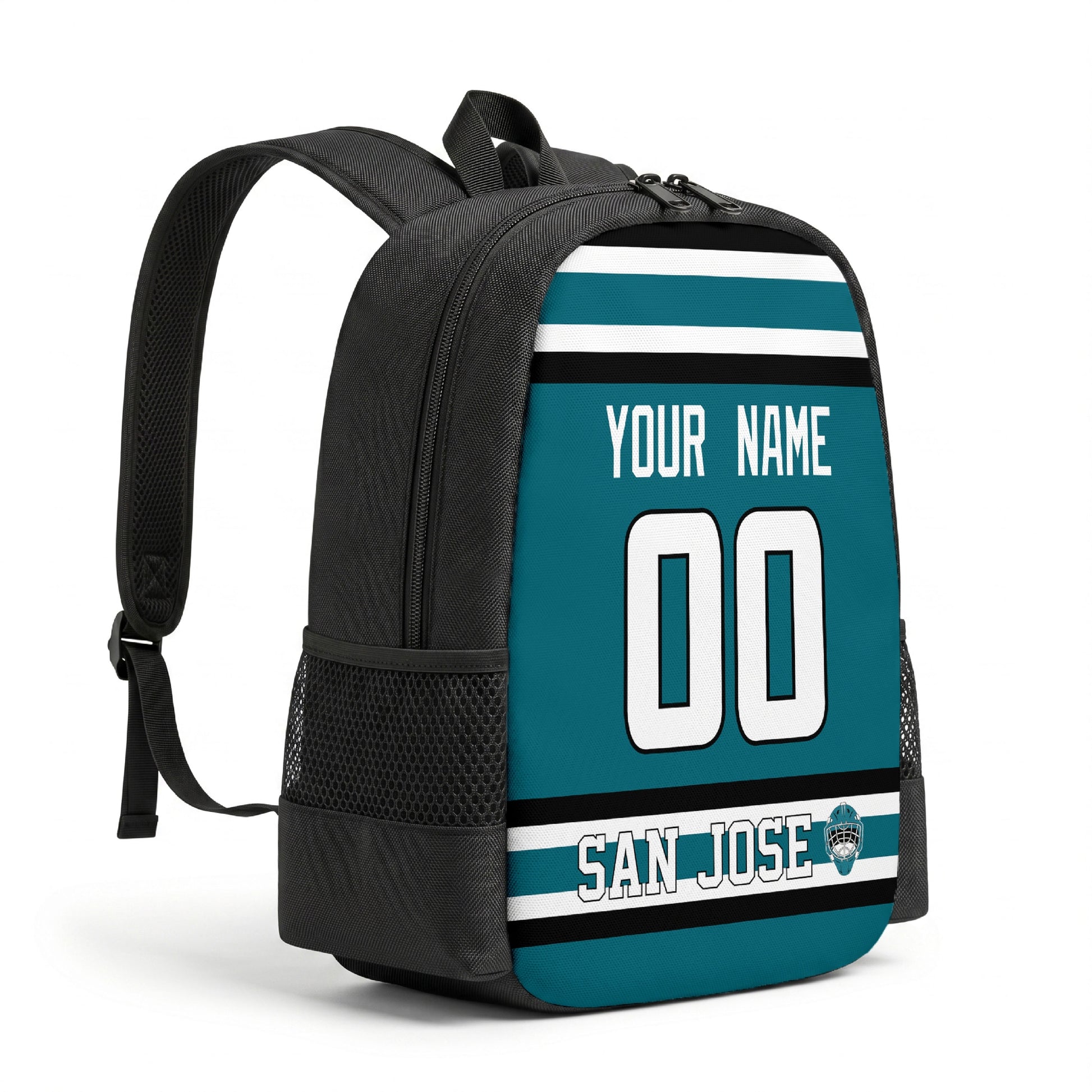 San Jose hockey backpack angled view with side pocket
